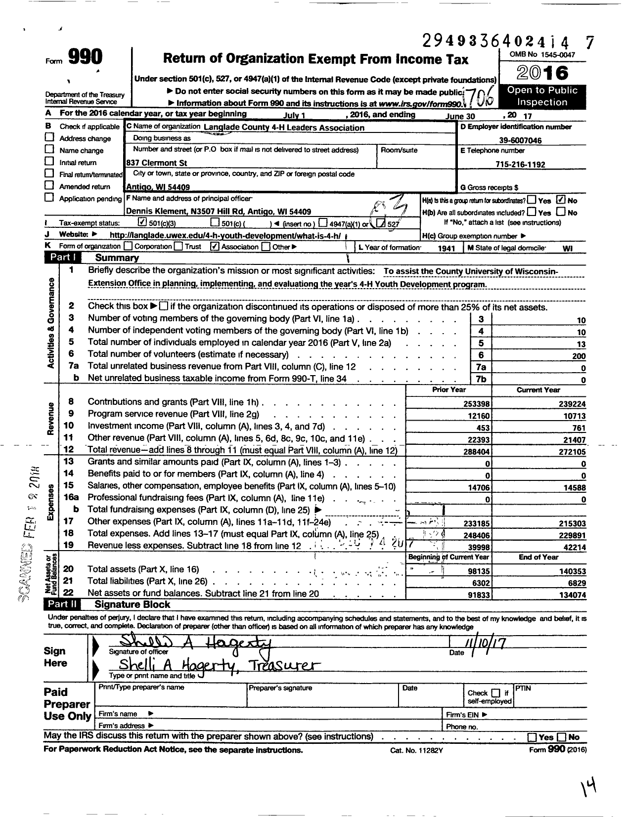 Image of first page of 2016 Form 990 for Langlade County 4-H Leaders Association