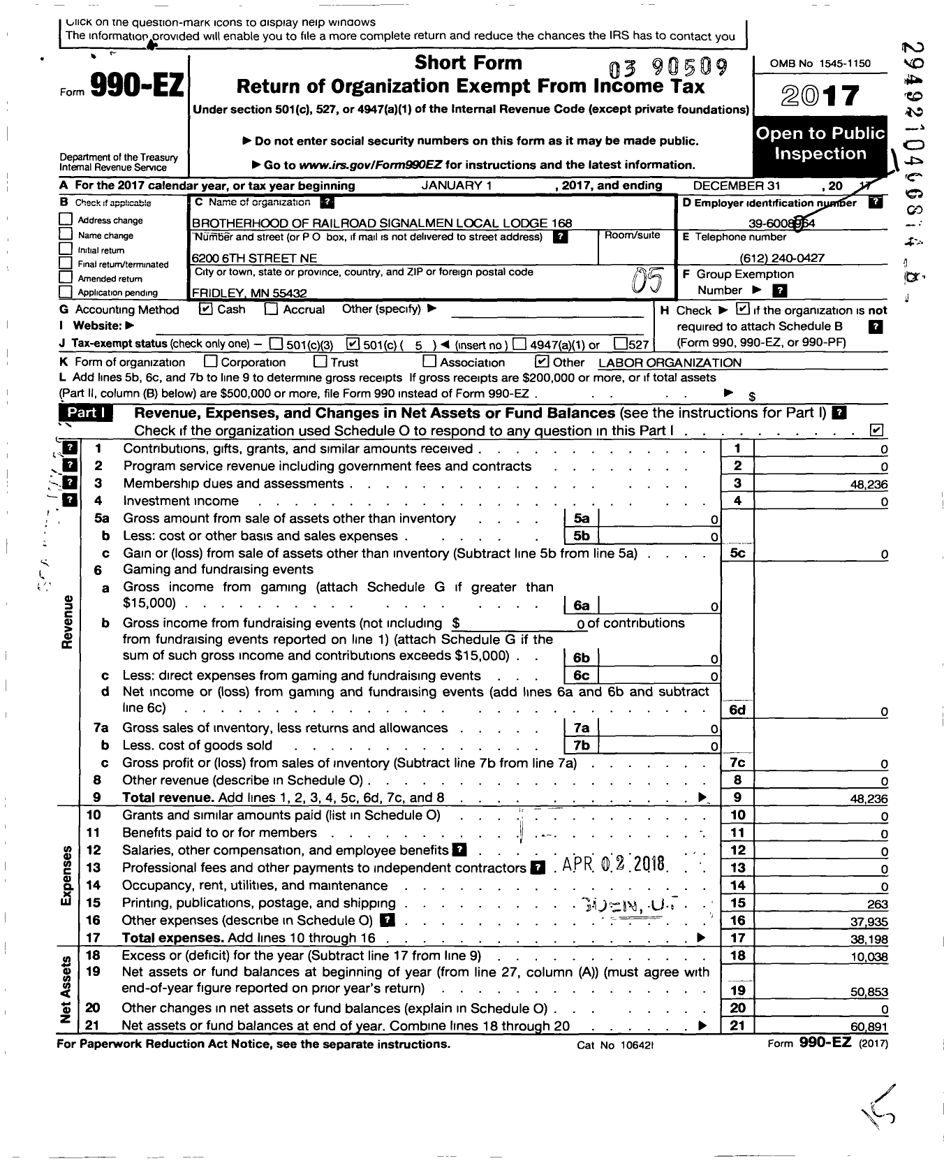 Image of first page of 2017 Form 990EO for Brotherhood of Railroad Signalmen - 168 Local