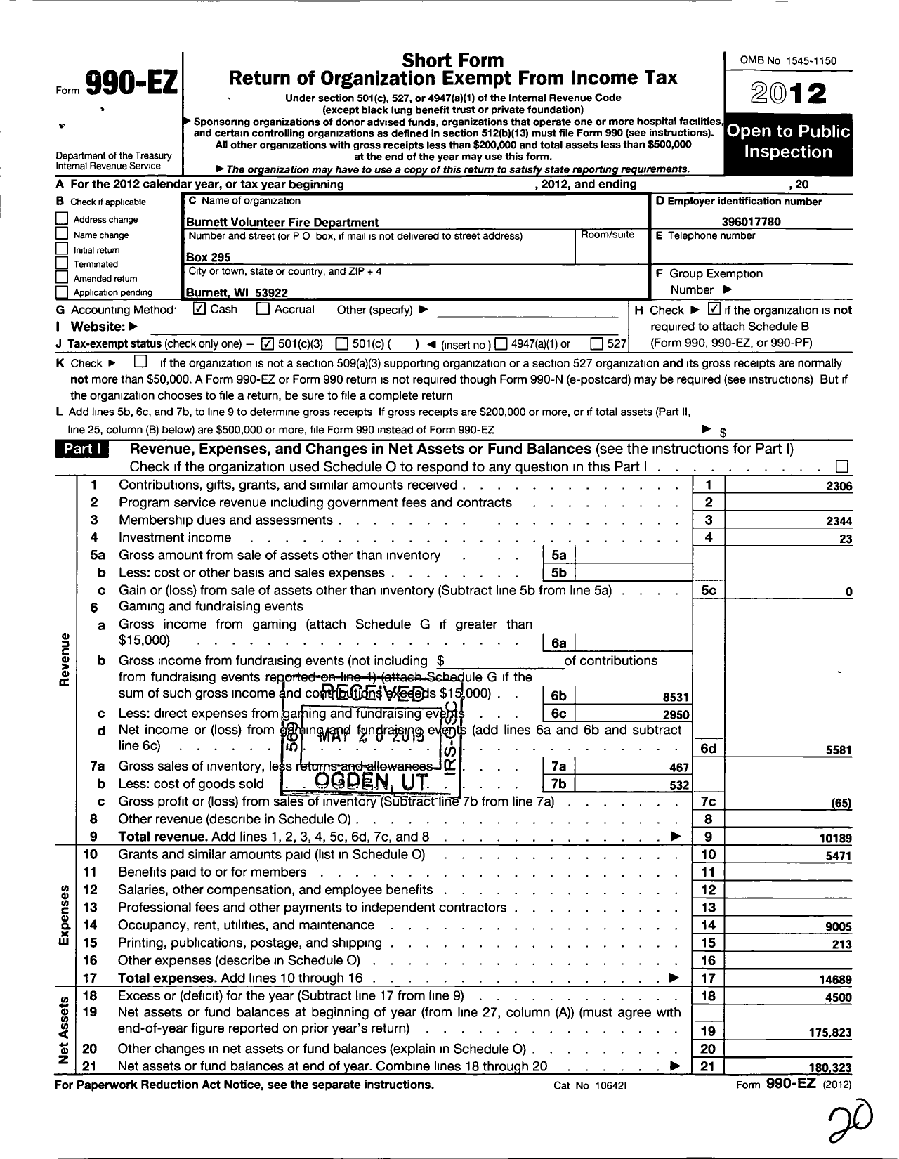 Image of first page of 2012 Form 990EZ for Burnett Volunteer Fire Department