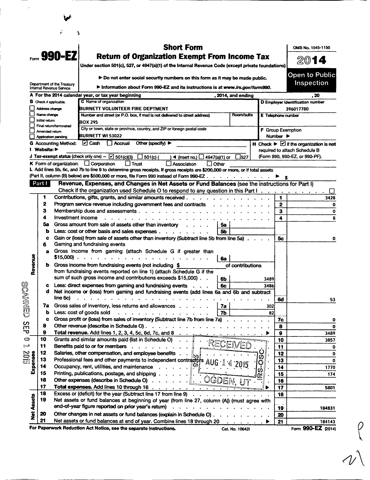 Image of first page of 2014 Form 990EZ for Burnett Volunteer Fire Department