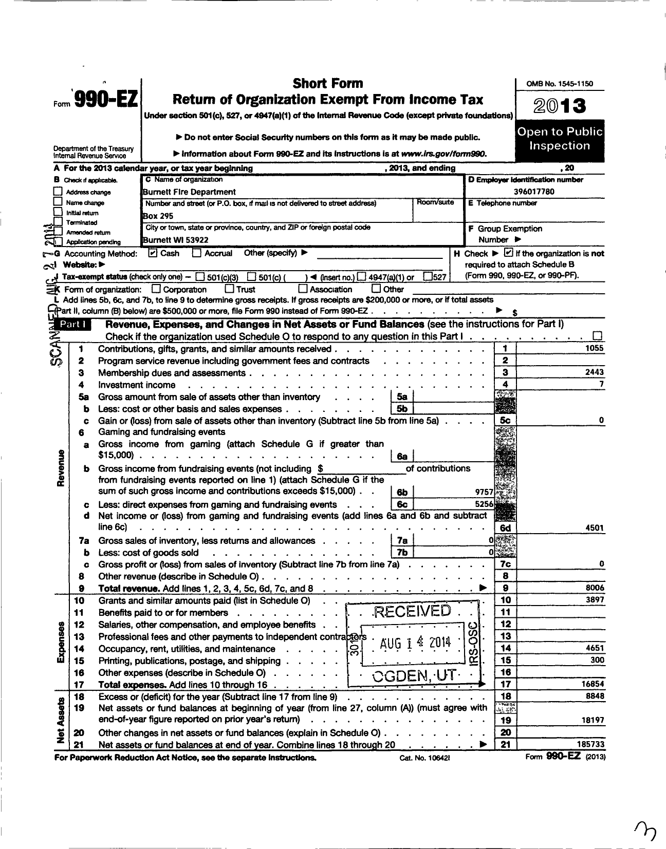 Image of first page of 2013 Form 990EO for Burnett Volunteer Fire Department