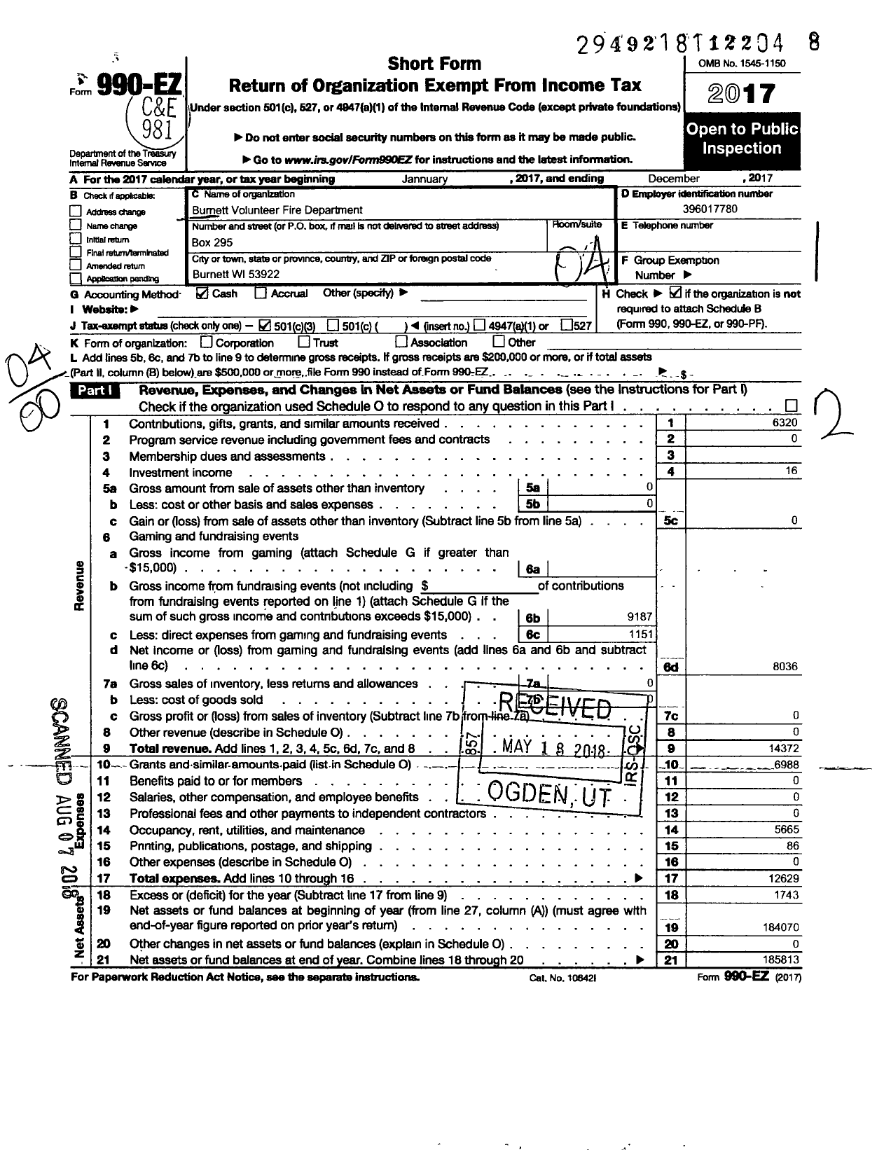 Image of first page of 2017 Form 990EO for Burnett Volunteer Fire Department