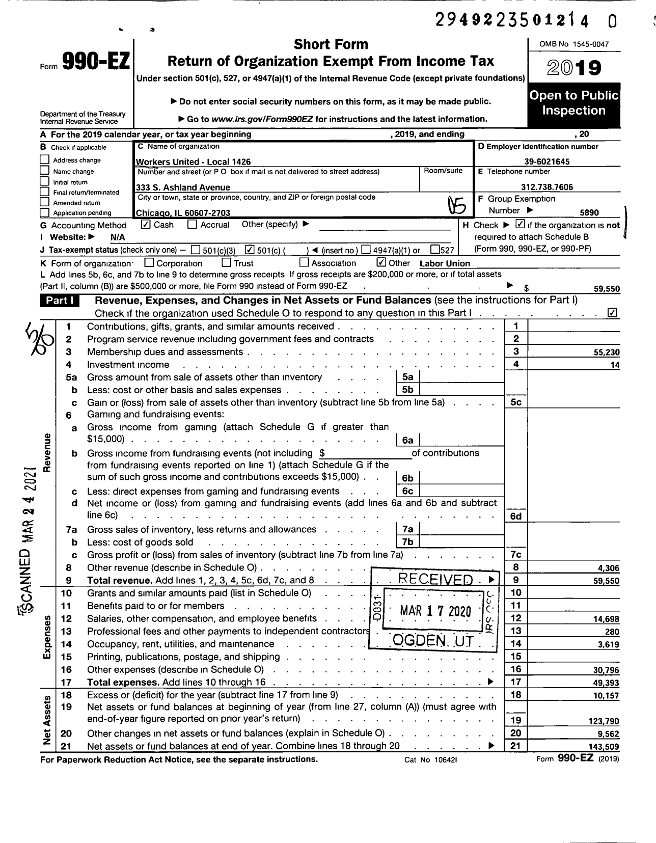 Image of first page of 2019 Form 990EO for WORKERS UNITED - 1426 Local