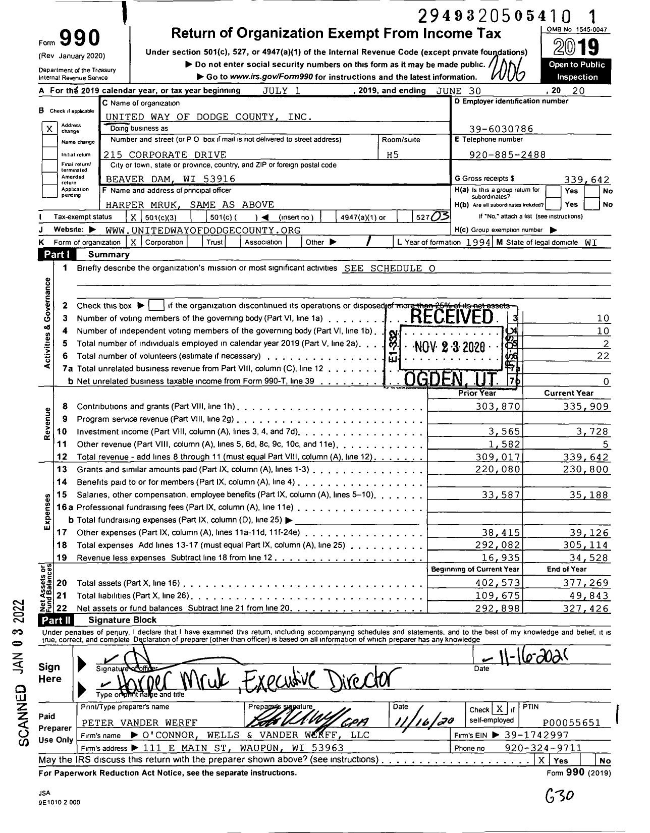 Image of first page of 2019 Form 990 for United Way of Dodge County