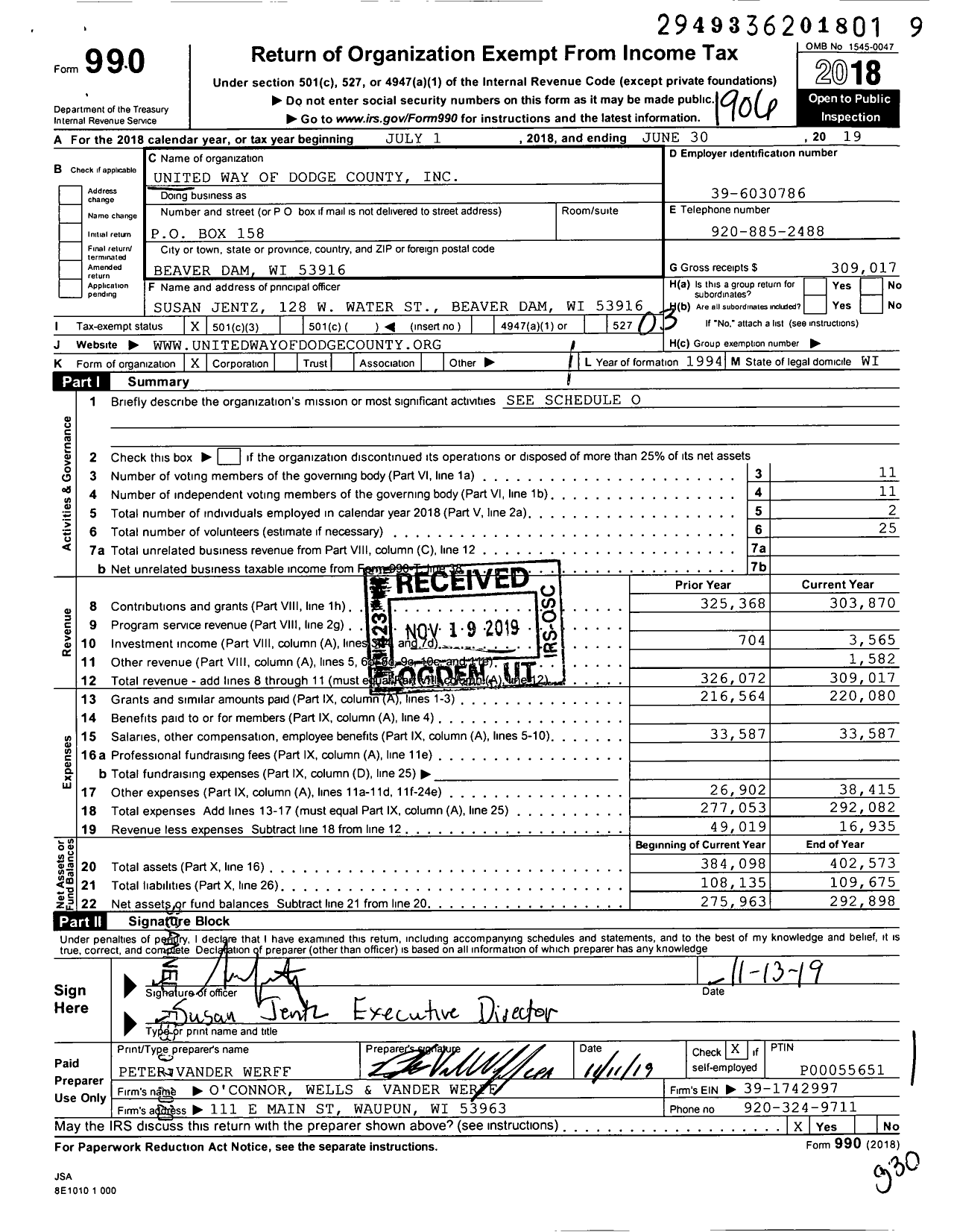 Image of first page of 2018 Form 990 for United Way of Dodge County