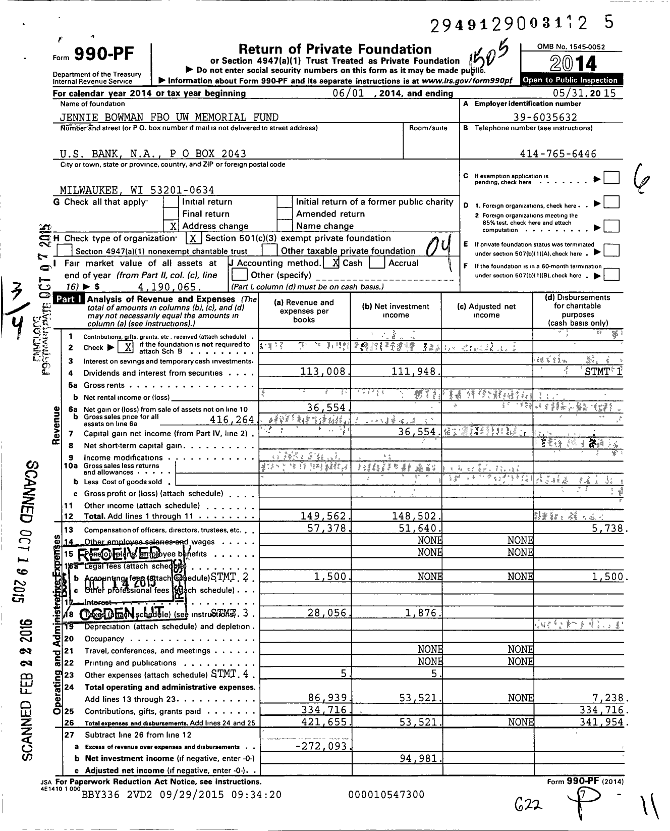 Image of first page of 2014 Form 990PF for Jennie Bowman Fbo Uw Memorial Fund