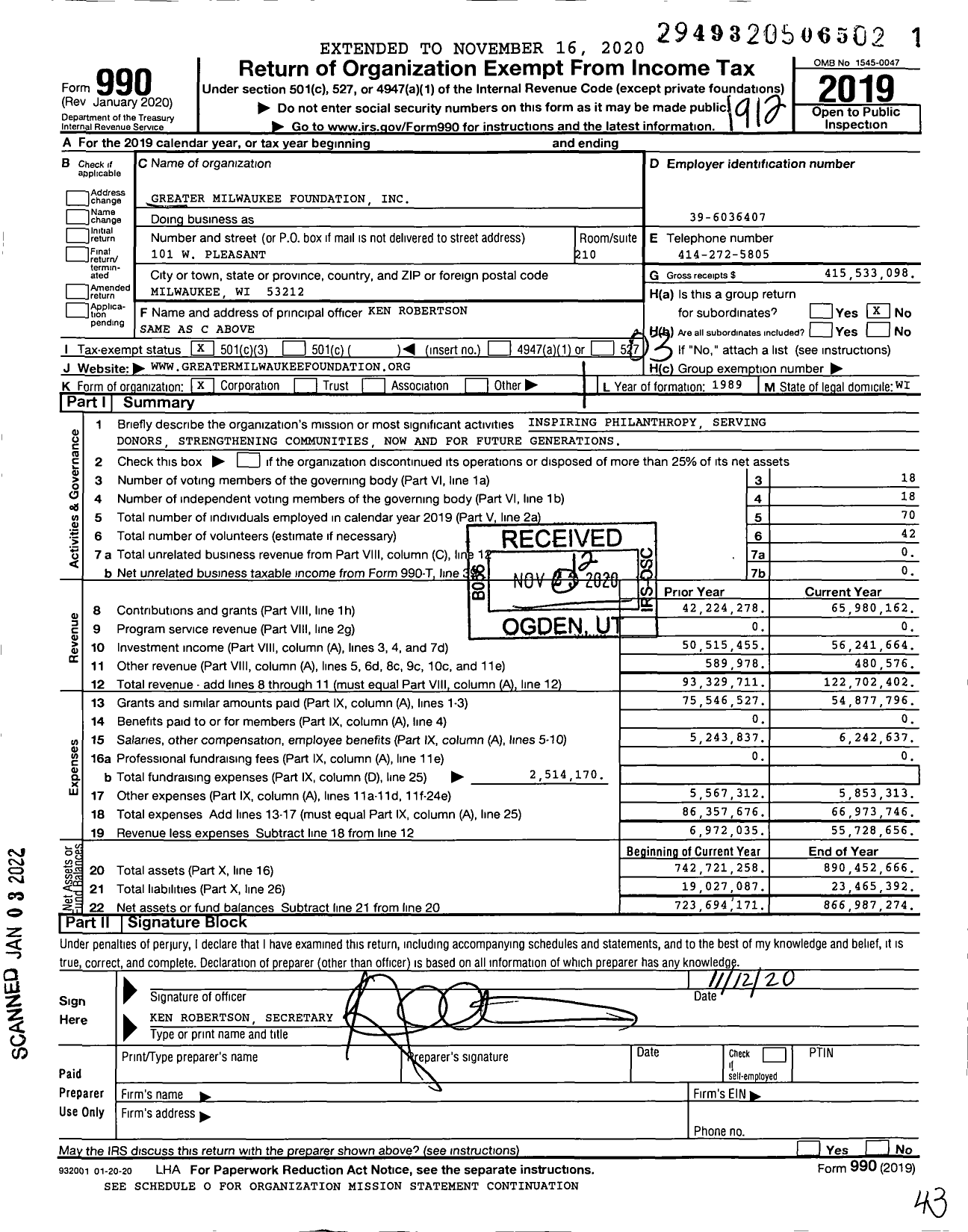 Image of first page of 2019 Form 990 for Greater Milwaukee Foundation (GMF)