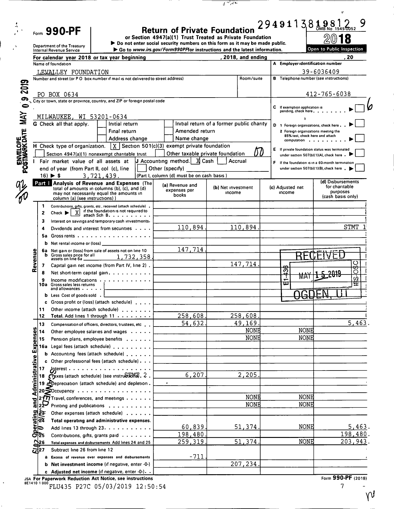 Image of first page of 2018 Form 990PF for Levalley Foundation