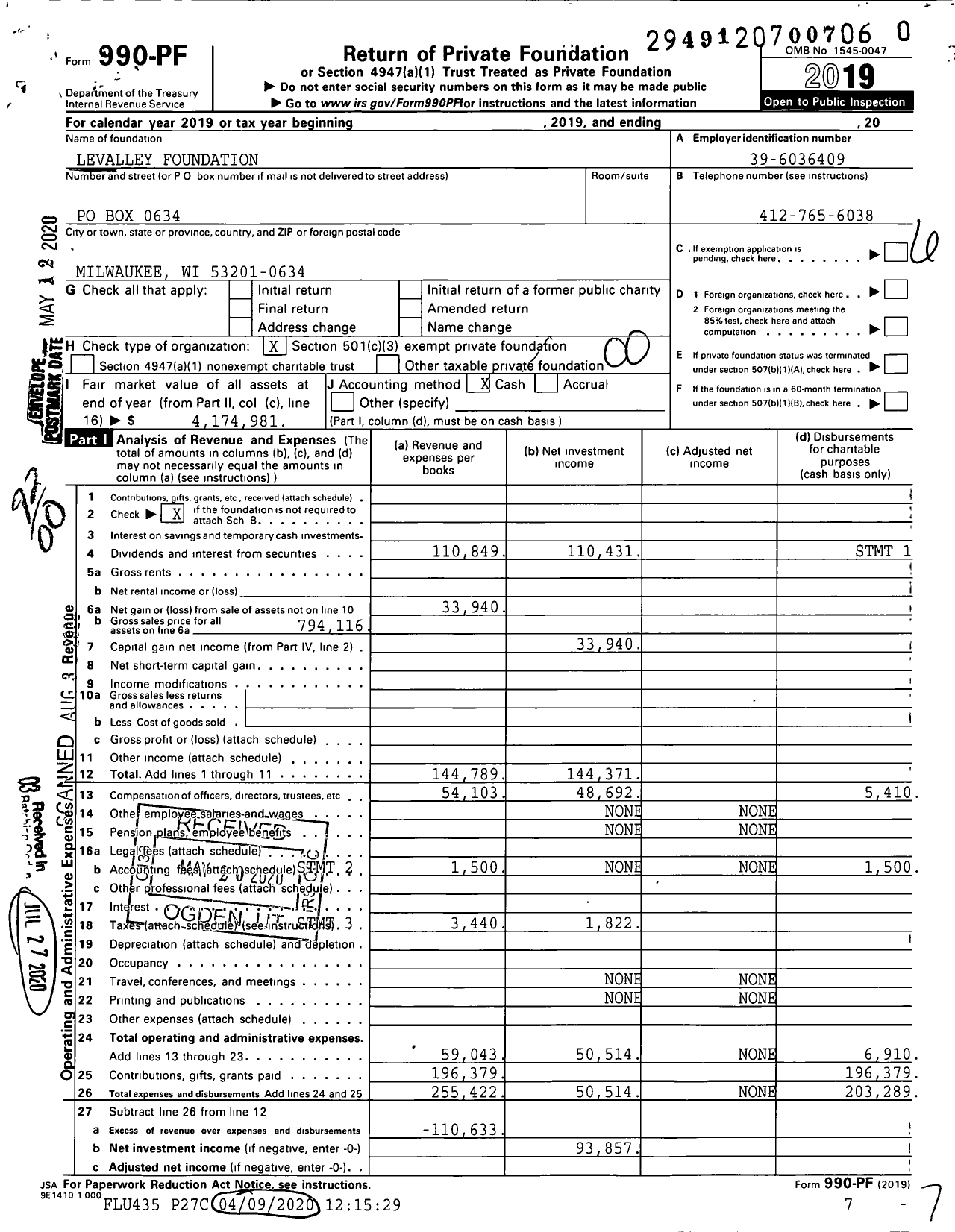 Image of first page of 2019 Form 990PR for Levalley Foundation