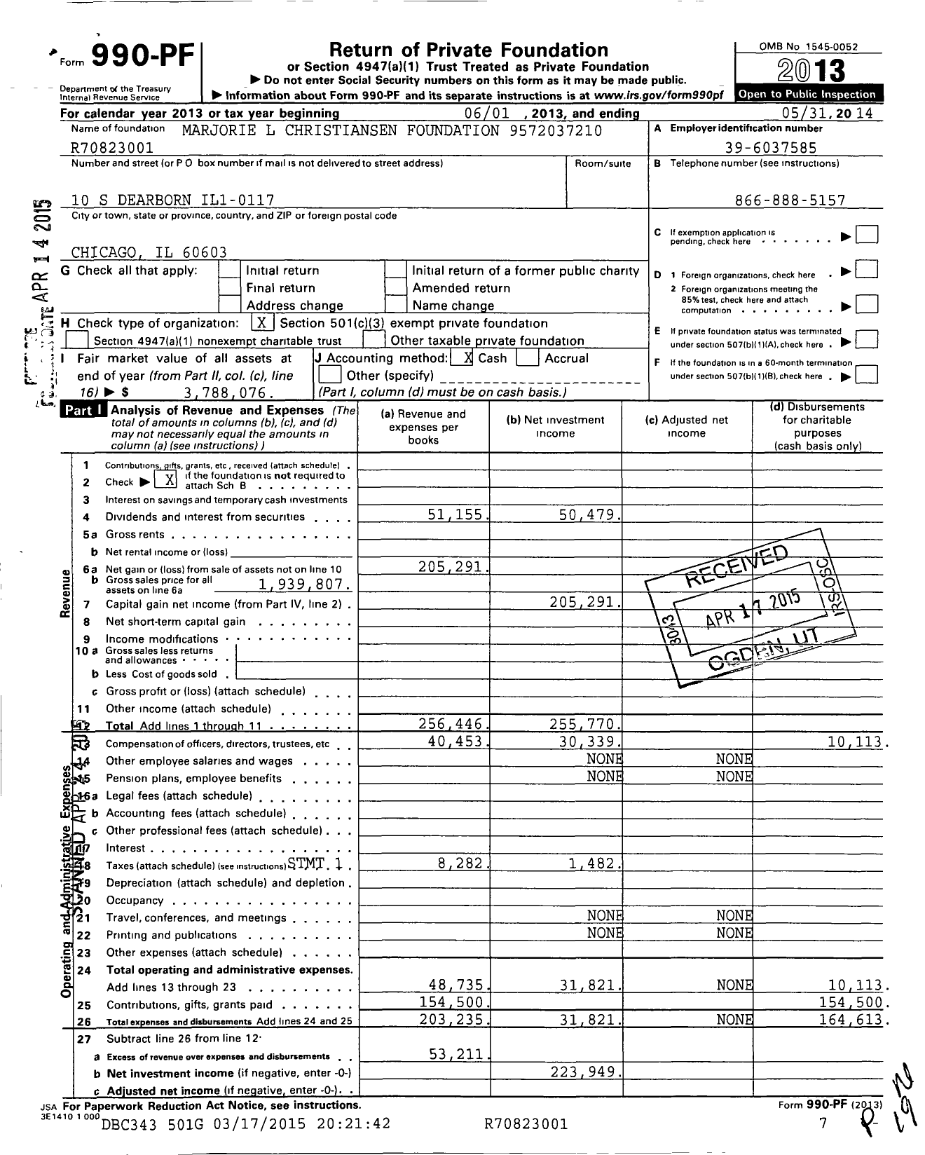 Image of first page of 2013 Form 990PF for Marjorie L Christiansen Foundation