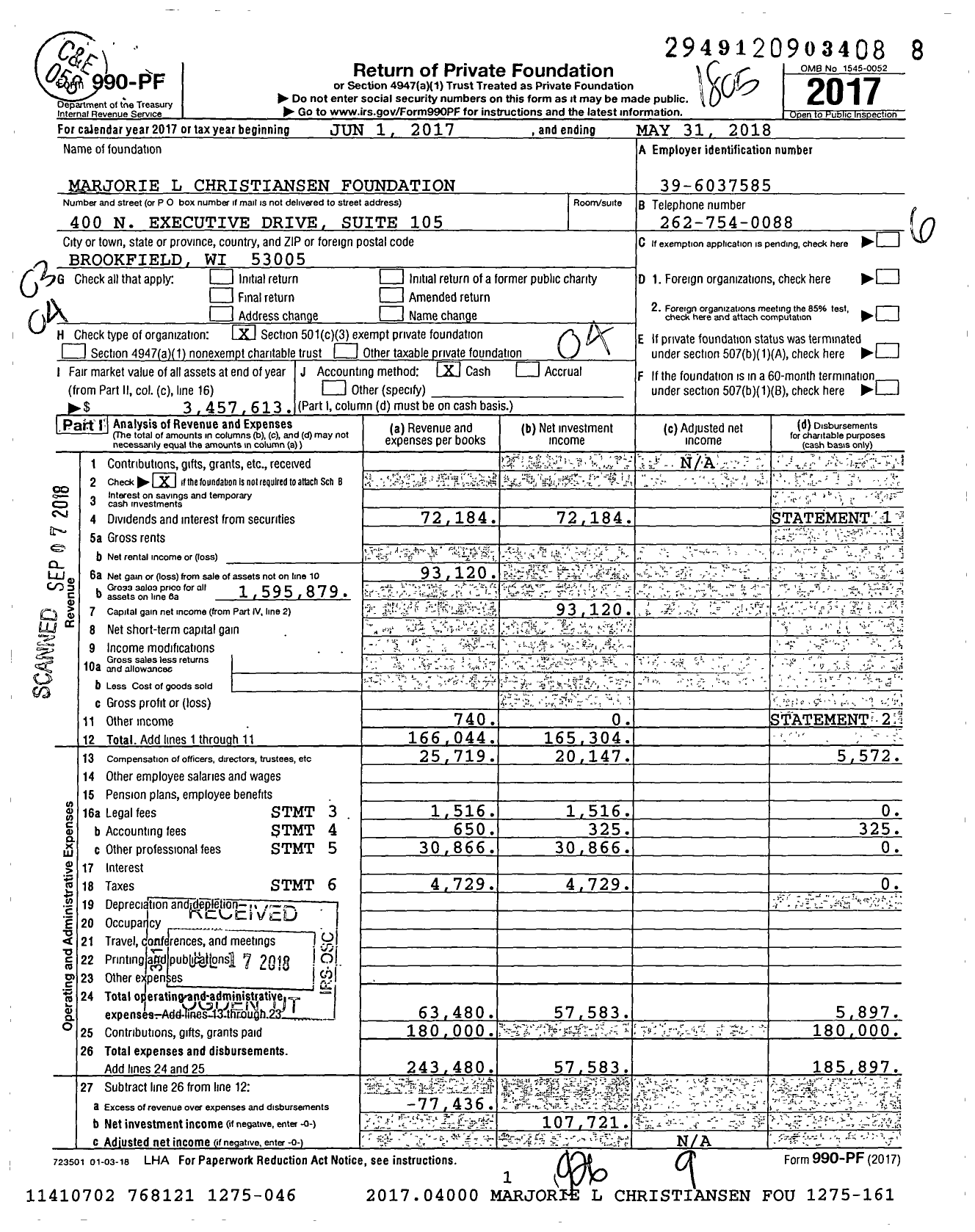 Image of first page of 2017 Form 990PF for Marjorie L Christiansen Foundation