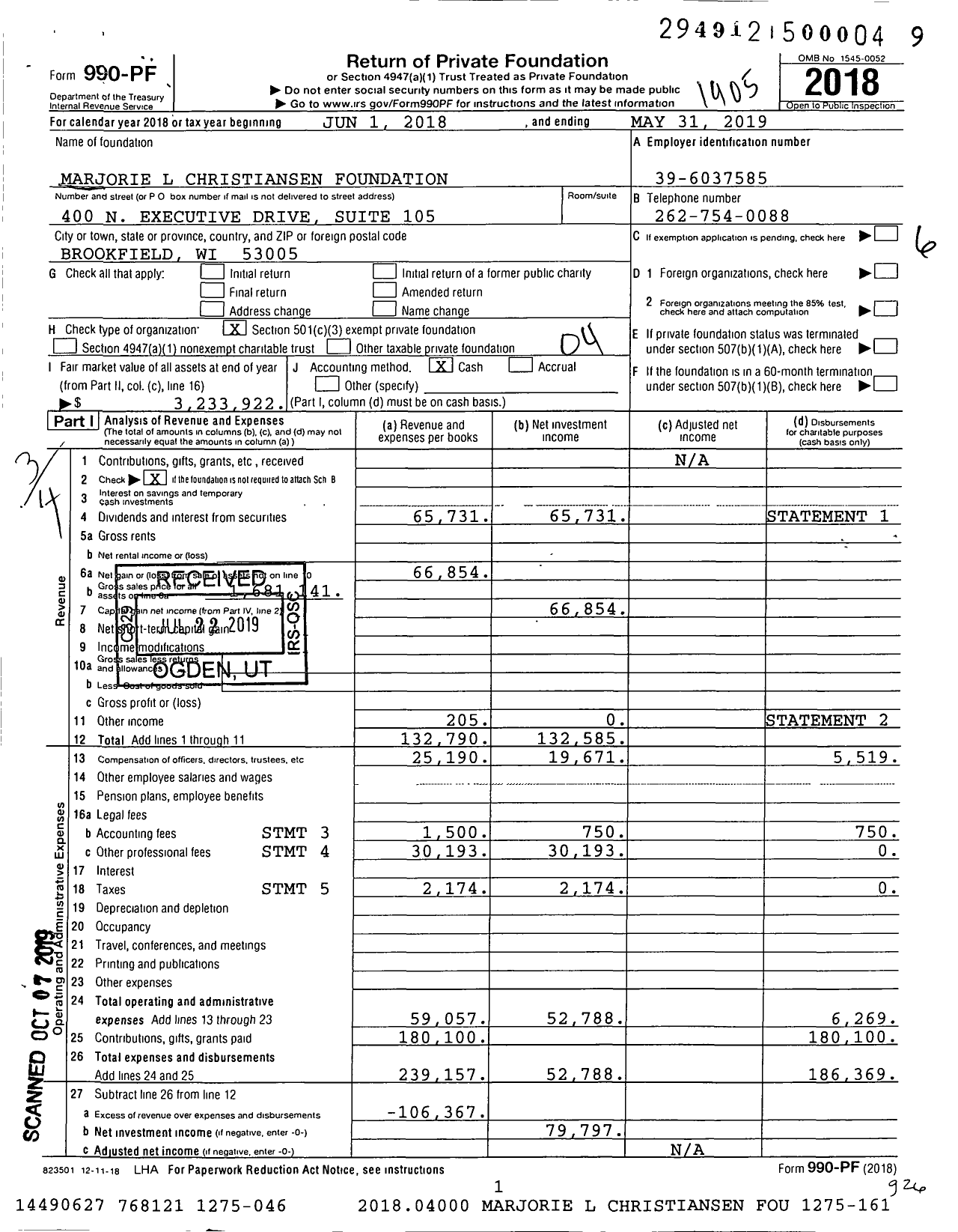 Image of first page of 2018 Form 990PF for Marjorie L Christiansen Foundation