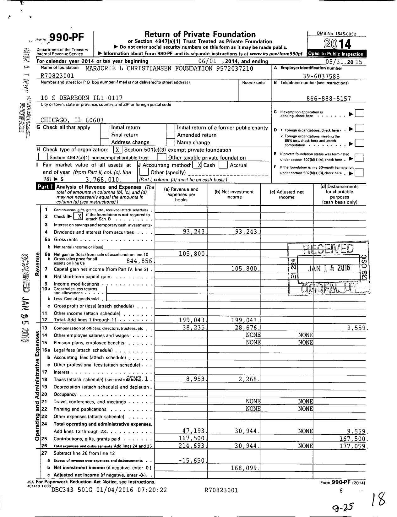 Image of first page of 2014 Form 990PF for Marjorie L Christiansen Foundation
