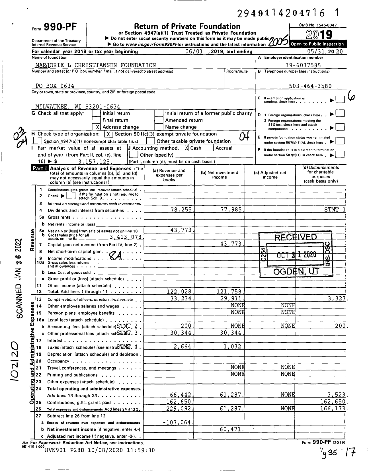 Image of first page of 2019 Form 990PF for Marjorie L Christiansen Foundation