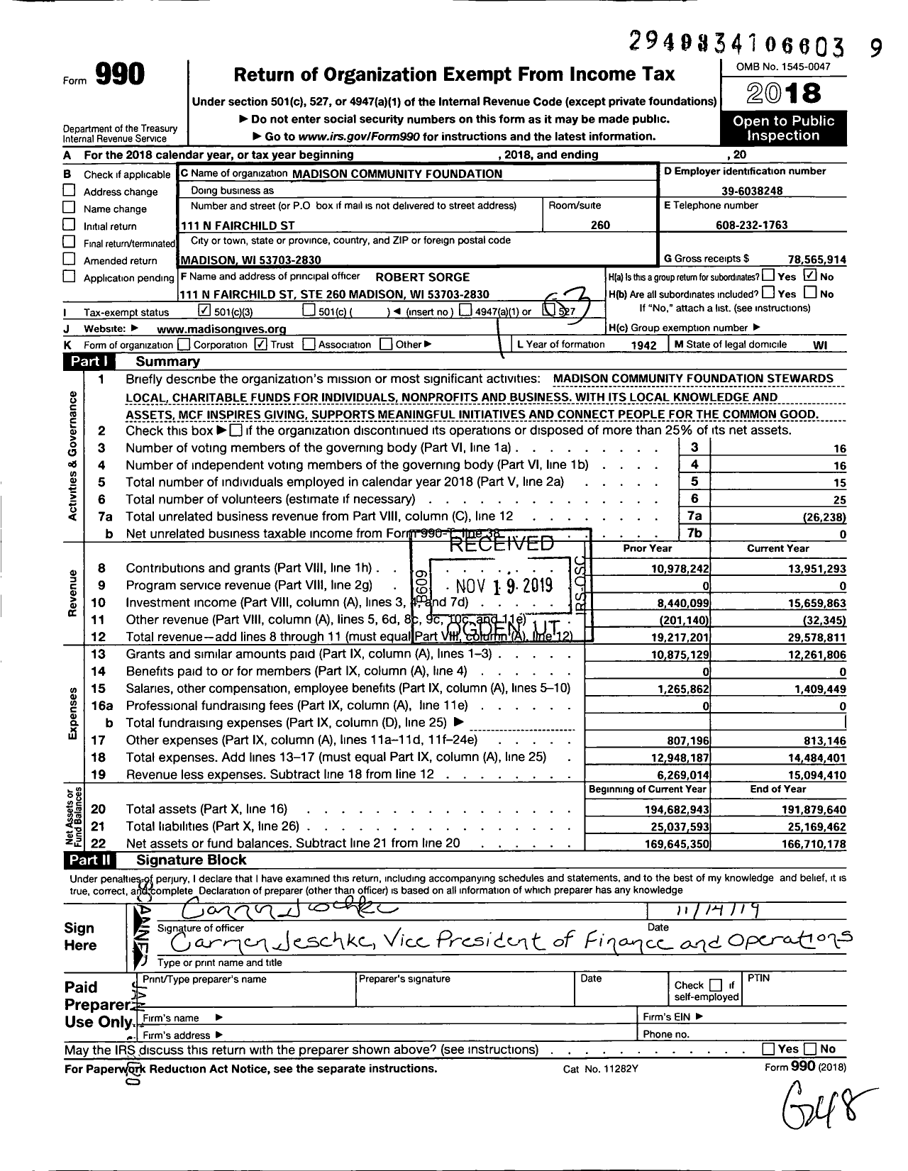 Image of first page of 2018 Form 990 for Madison Community Foundation