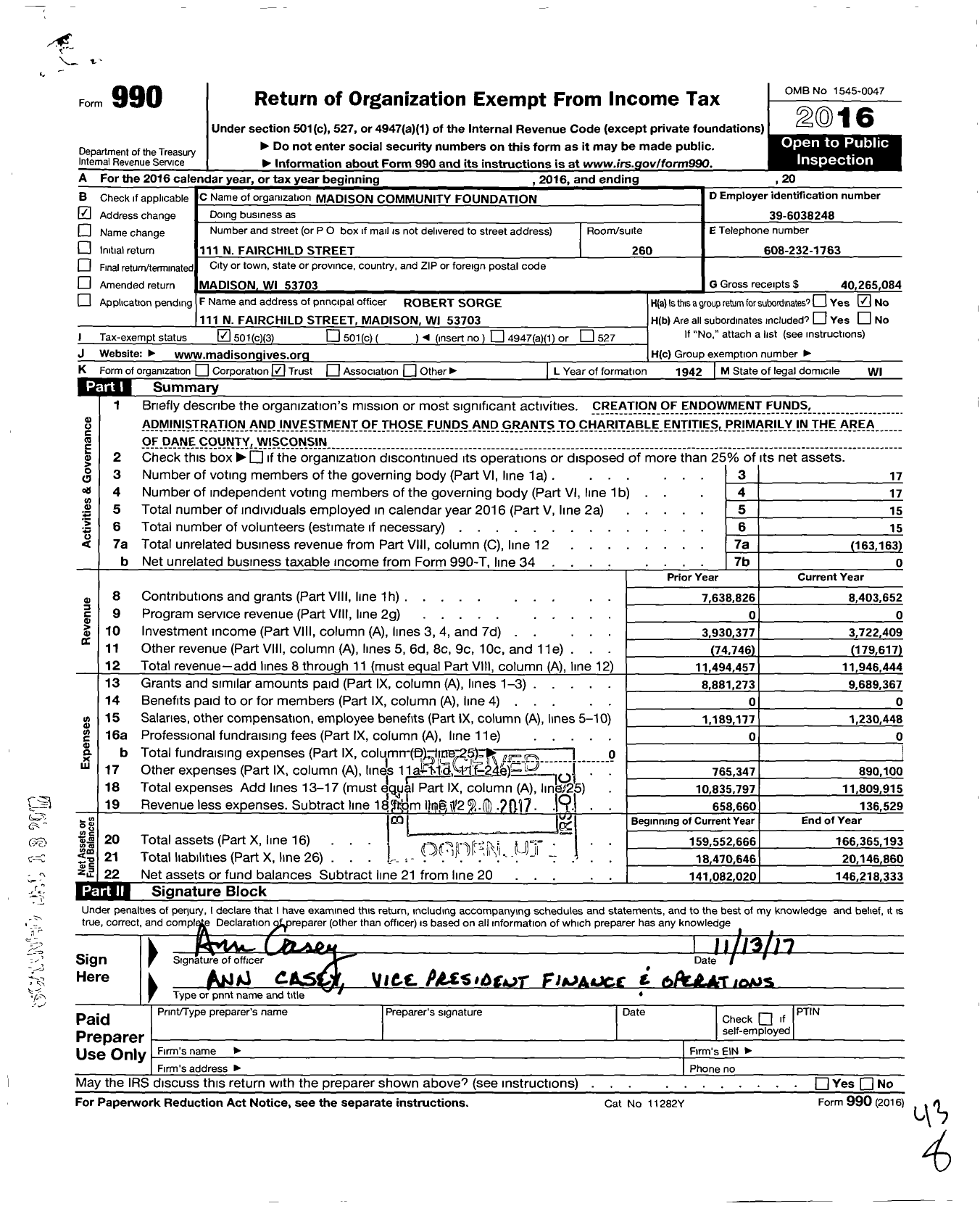 Image of first page of 2016 Form 990 for Madison Community Foundation