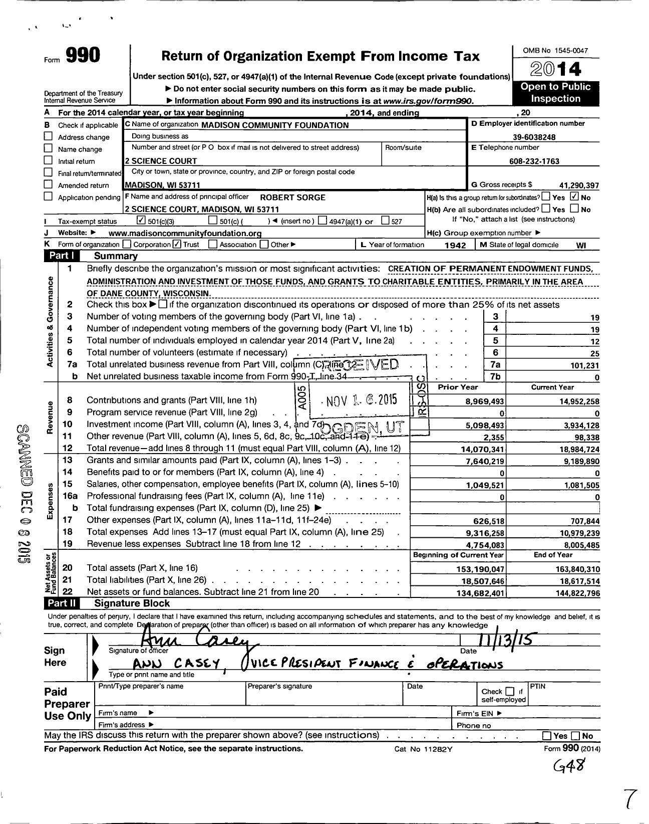 Image of first page of 2014 Form 990 for Madison Community Foundation