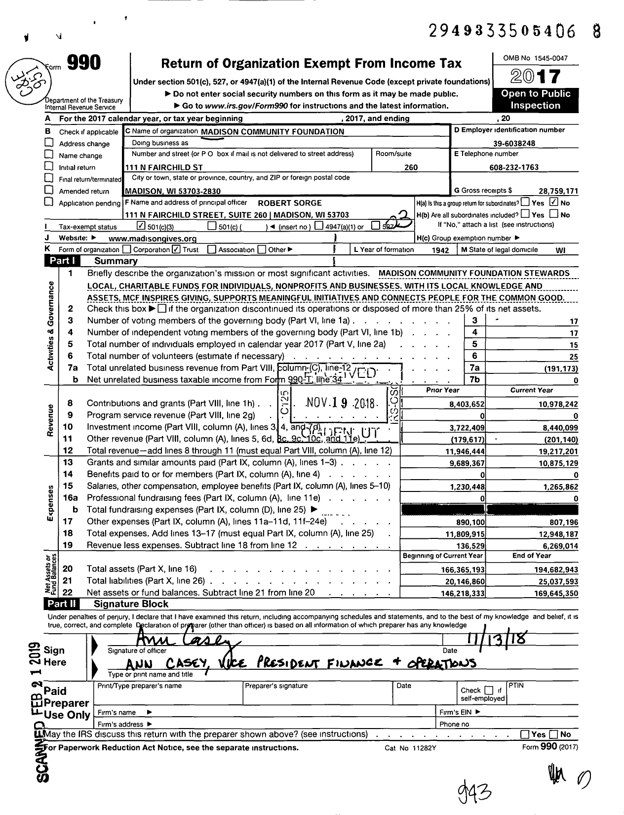 Image of first page of 2017 Form 990 for Madison Community Foundation