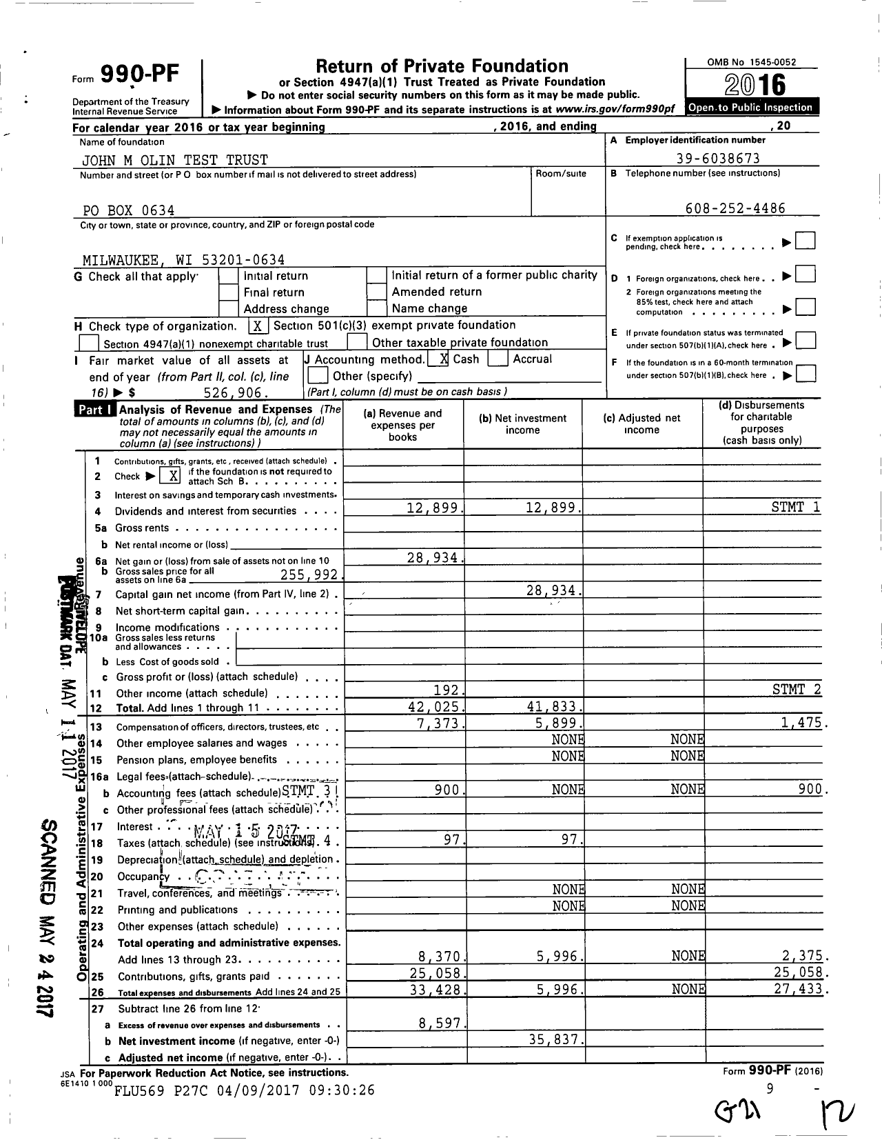 Image of first page of 2016 Form 990PF for John M Olin Test Trust