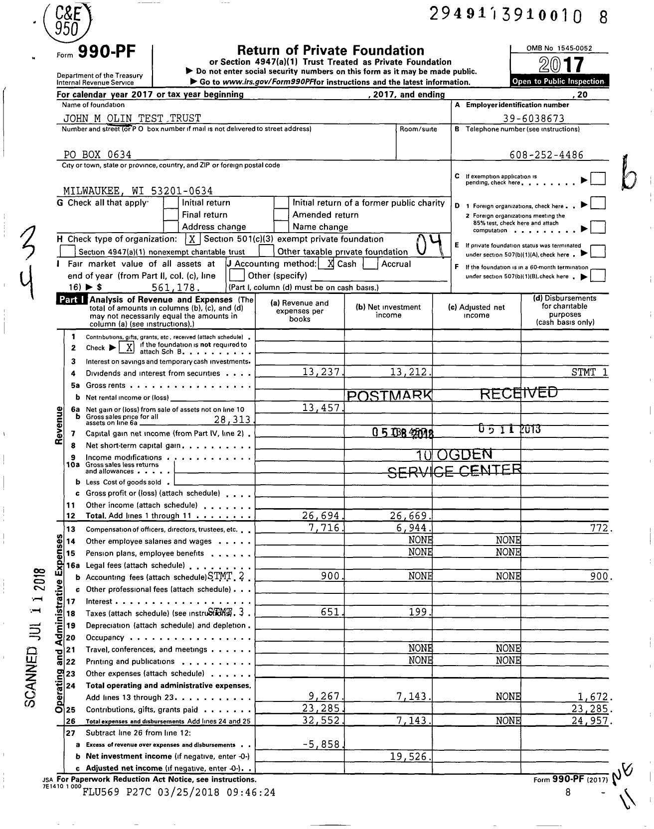 Image of first page of 2017 Form 990PF for John M Olin Test Trust