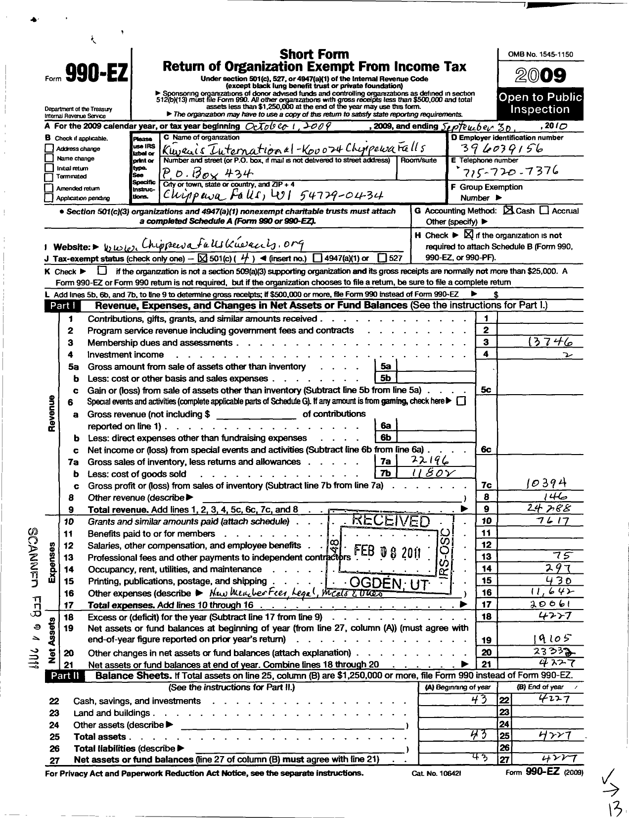 Image of first page of 2009 Form 990EO for Kiwanis International - K00024 Chippewa Falls