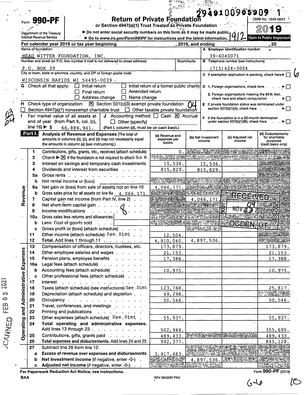 Image of first page of 2019 Form 990PF for Mead Witter Foundation