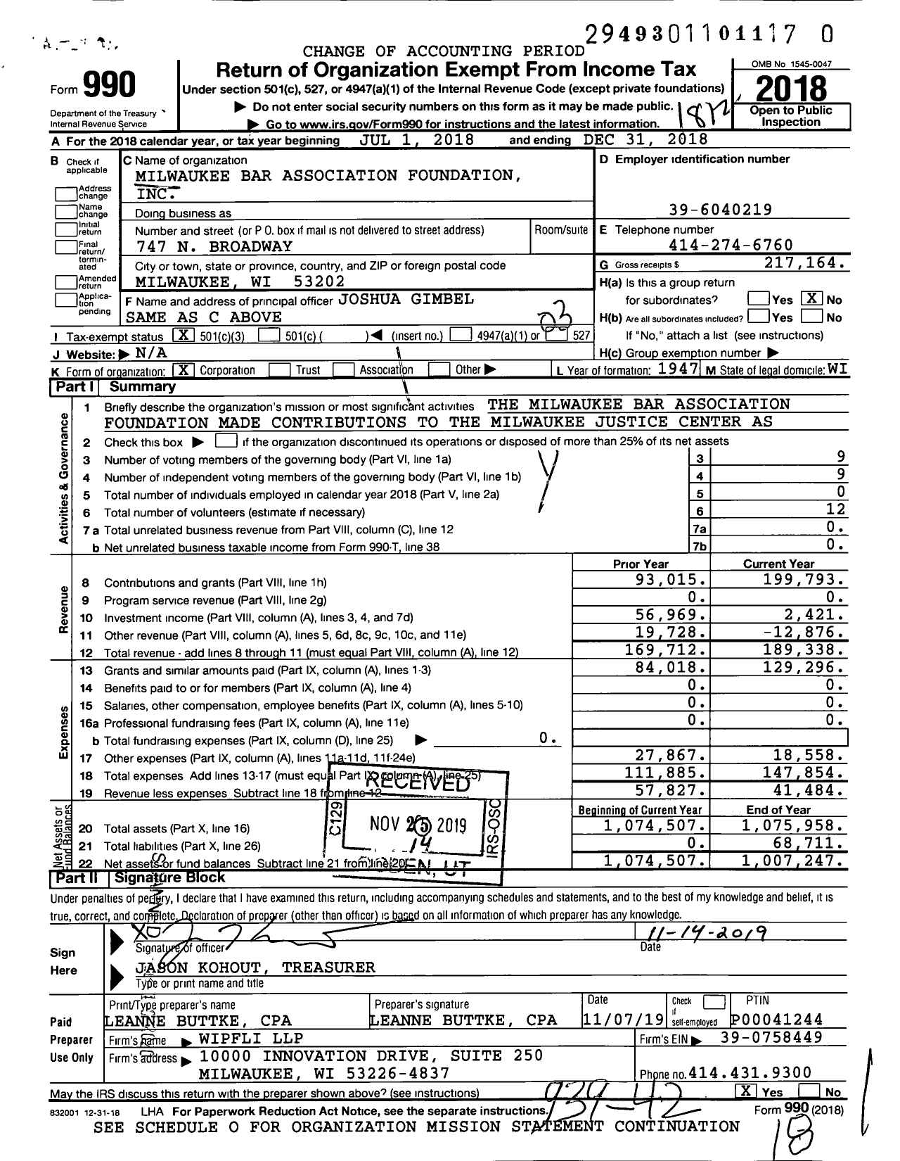 Image of first page of 2018 Form 990 for Milwaukee Bar Association Foundation