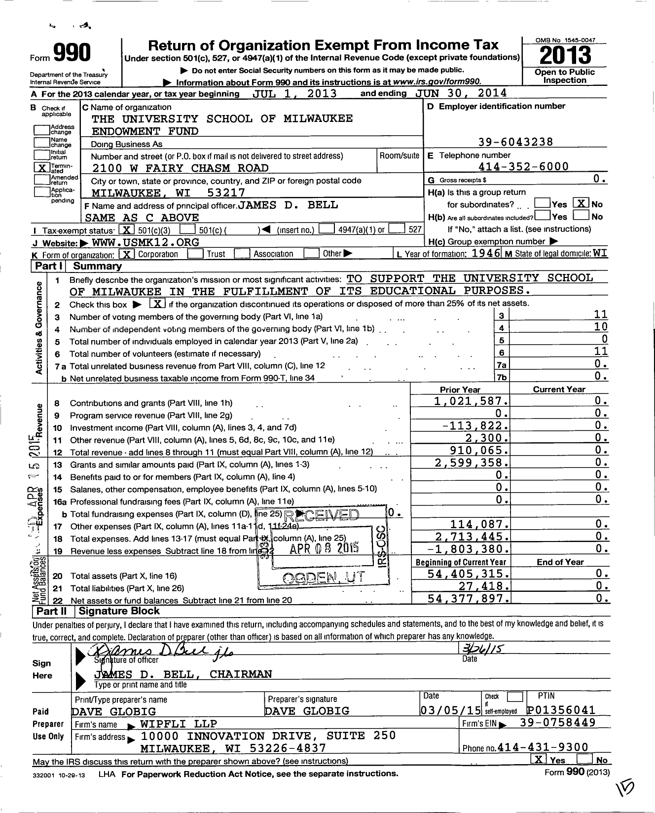 Image of first page of 2013 Form 990 for University School of Milwaukee Endowment Fund
