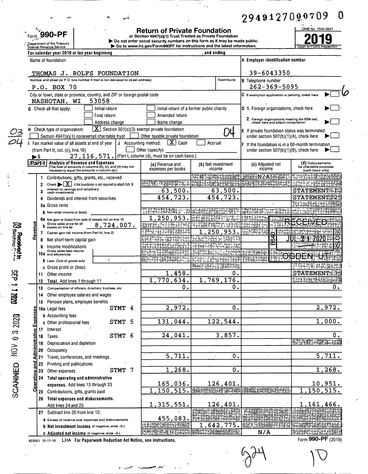 Image of first page of 2019 Form 990PF for Thomas J Rolfs Foundation