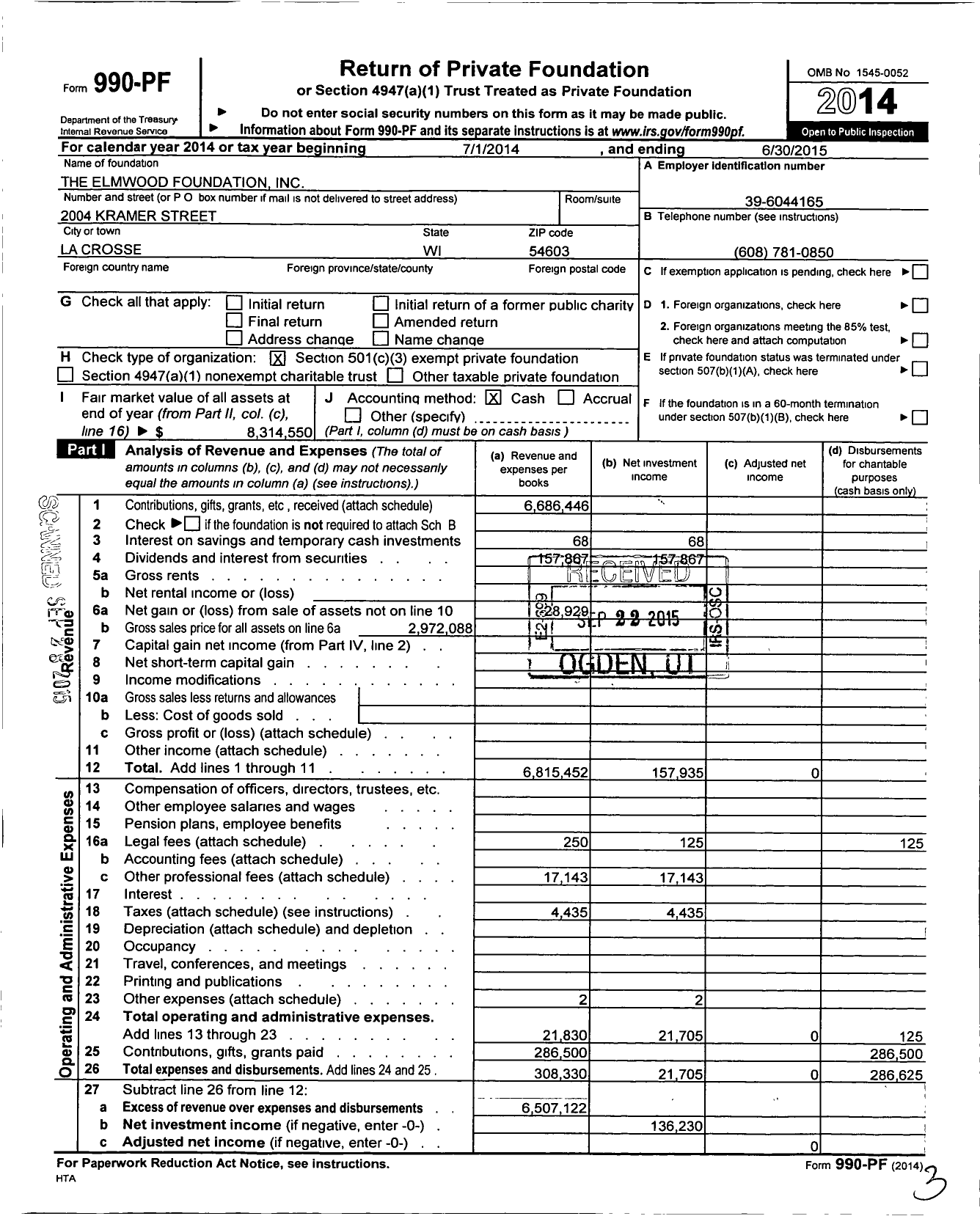 Image of first page of 2014 Form 990PF for The Elmwood Foundation