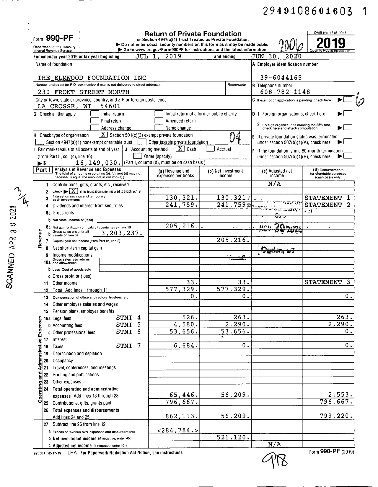 Image of first page of 2019 Form 990PF for The Elmwood Foundation