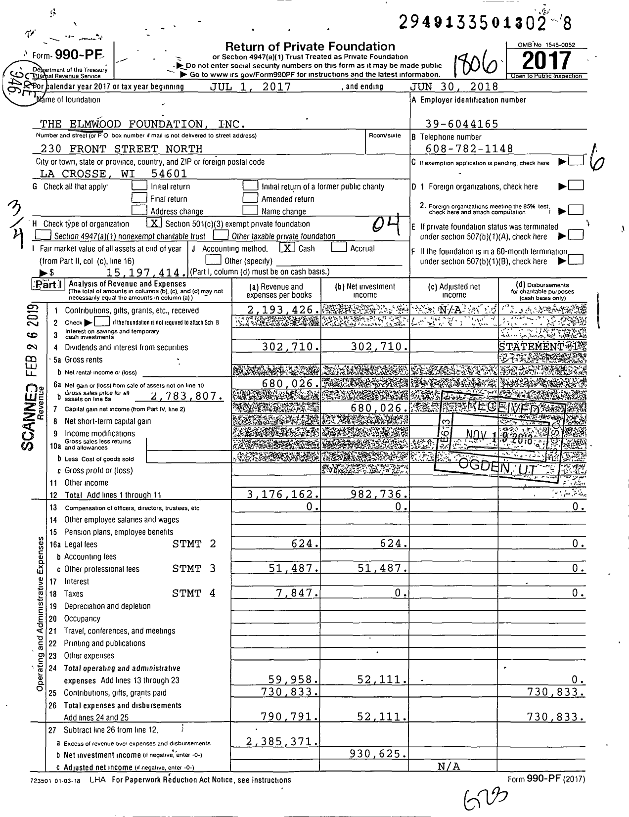 Image of first page of 2017 Form 990PF for The Elmwood Foundation