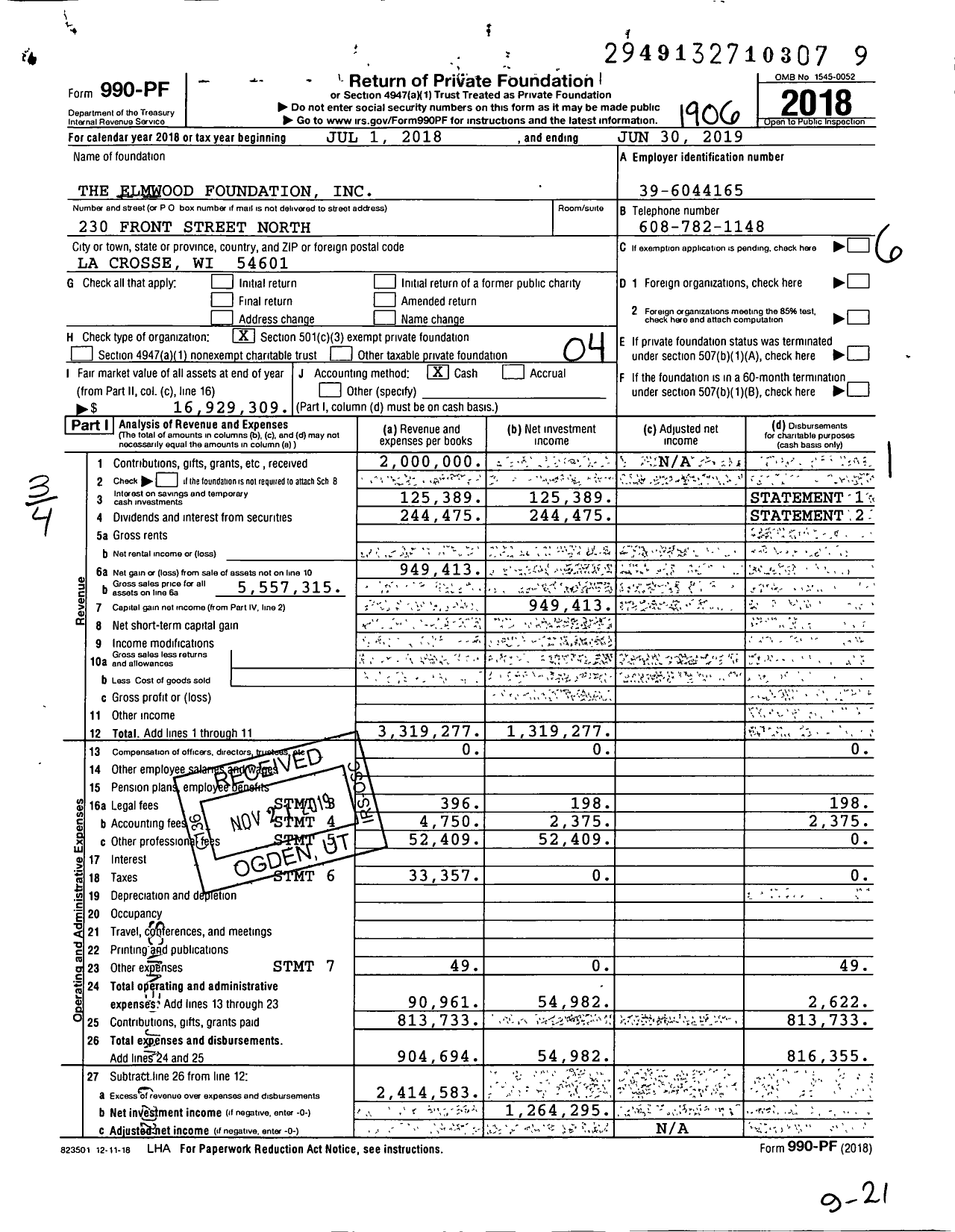 Image of first page of 2018 Form 990PF for The Elmwood Foundation