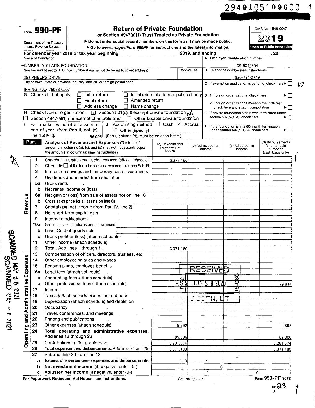 Image of first page of 2019 Form 990PF for Kimberly-Clark Foundation