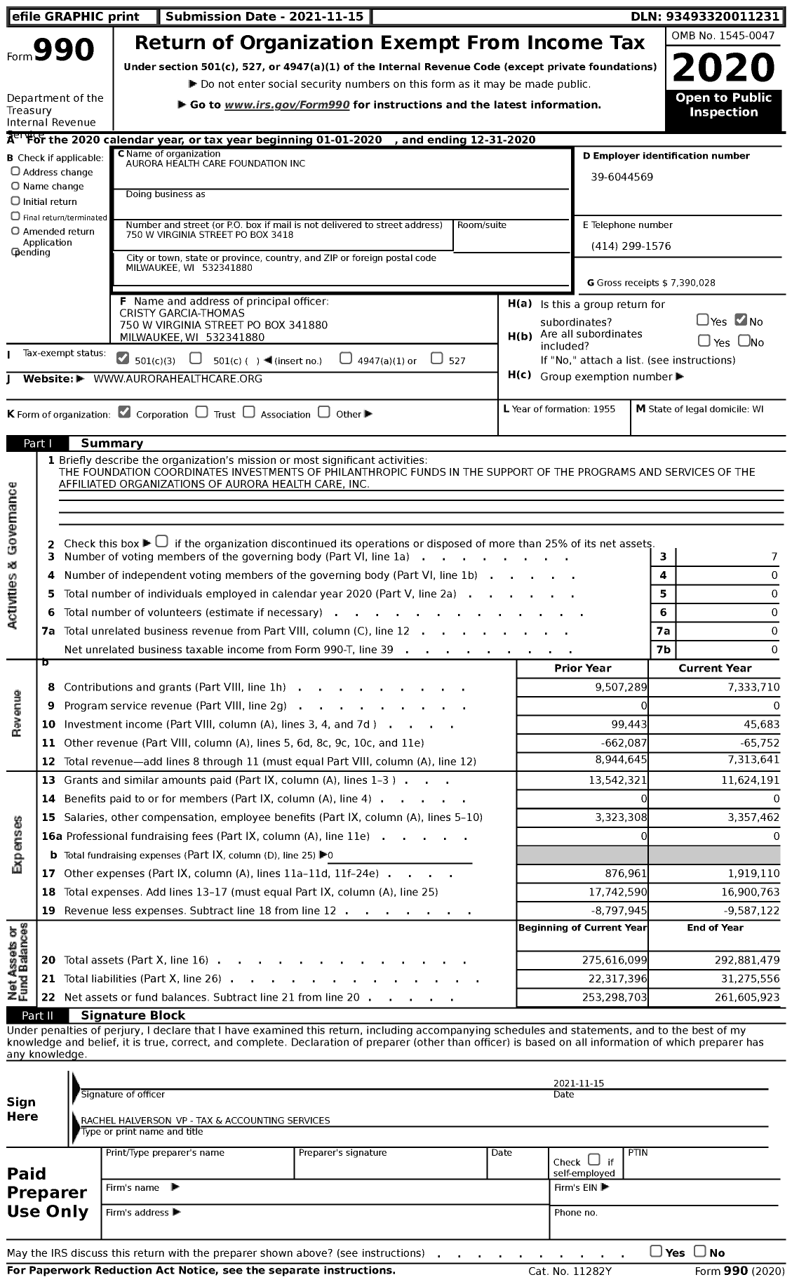 Image of first page of 2020 Form 990 for Aurora Health Care Foundation