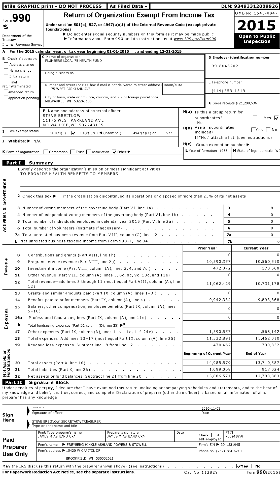 Image of first page of 2015 Form 990O for Plumbers Local 75 Health Fund
