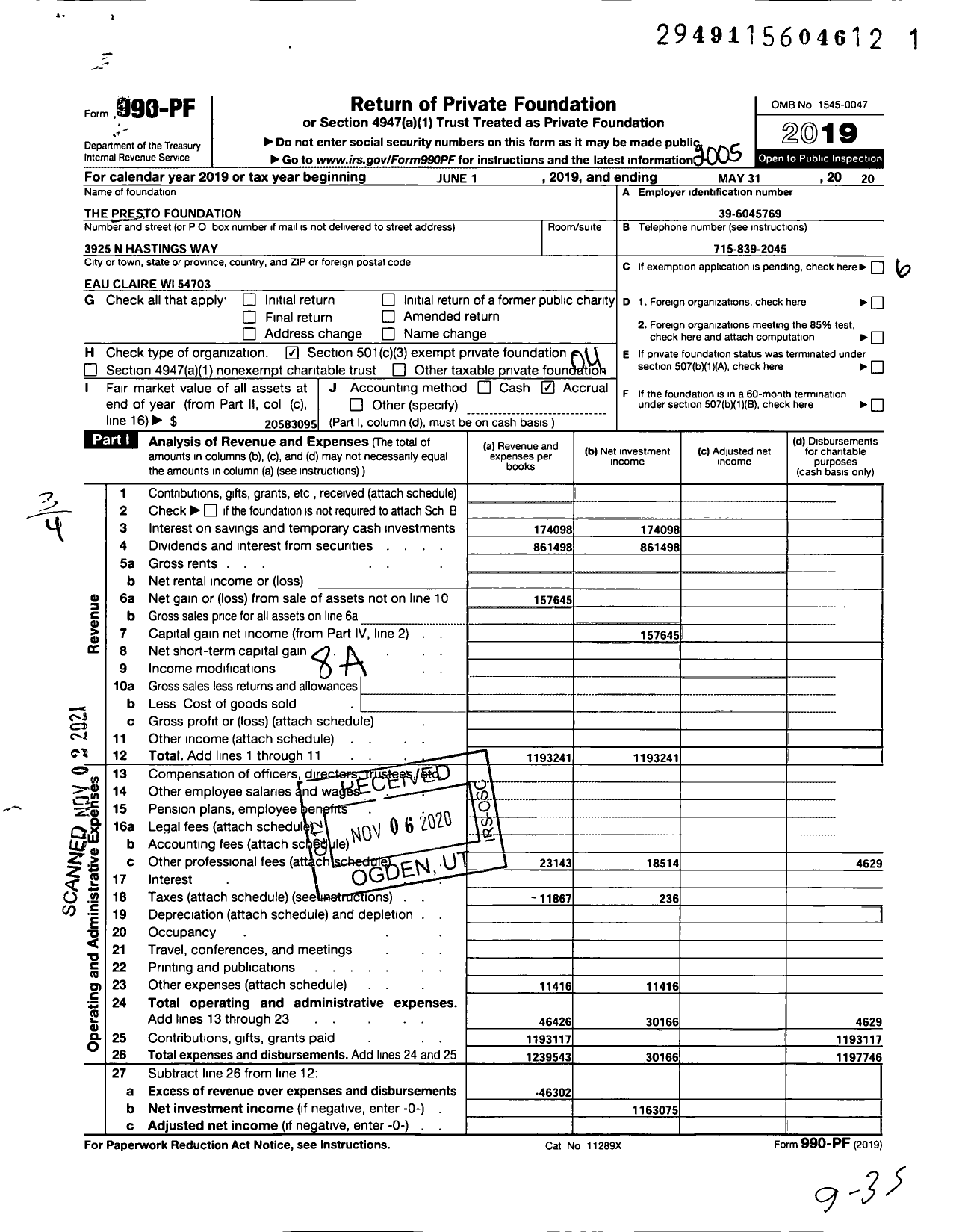 Image of first page of 2019 Form 990PF for The Presto Foundation