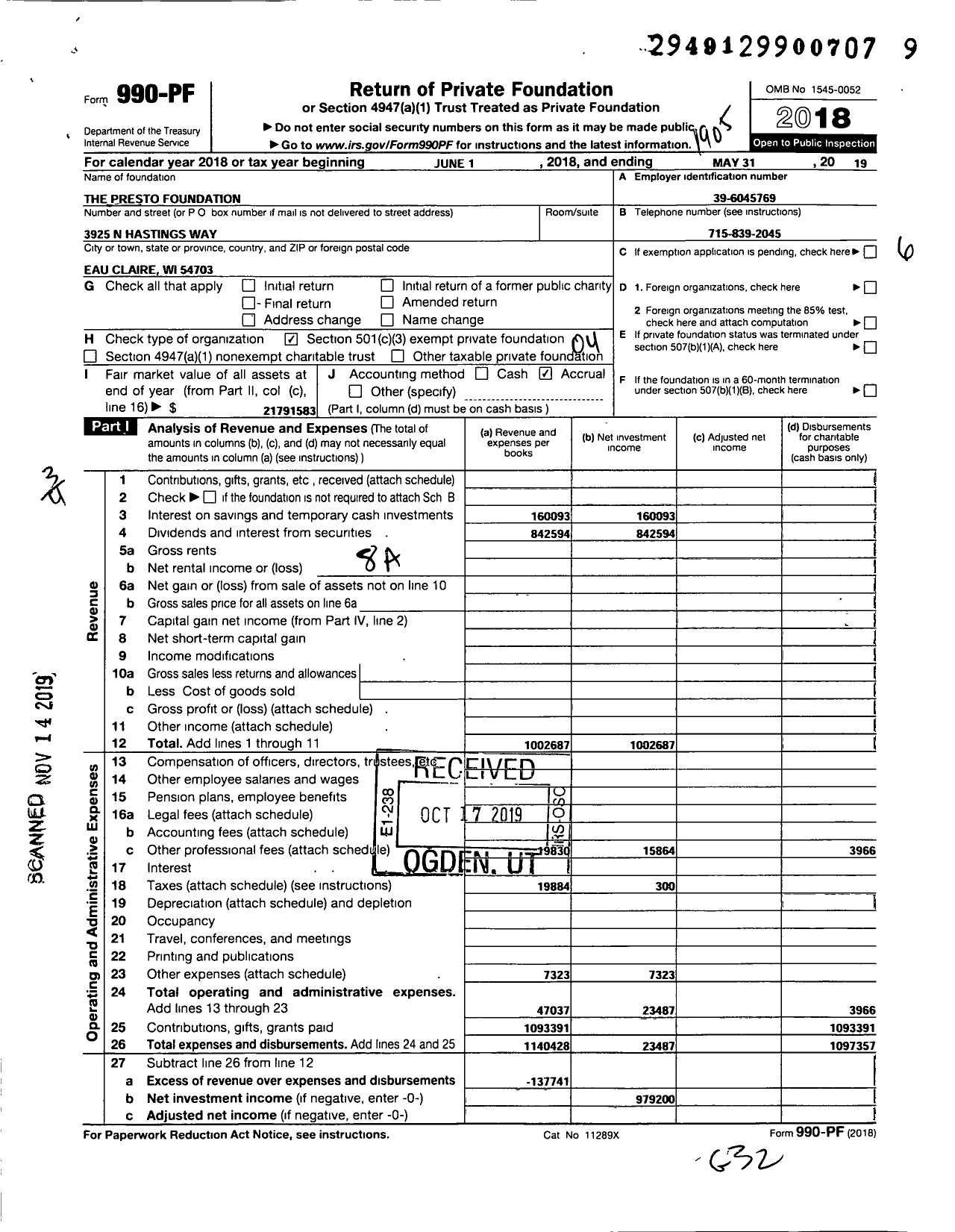 Image of first page of 2018 Form 990PF for The Presto Foundation