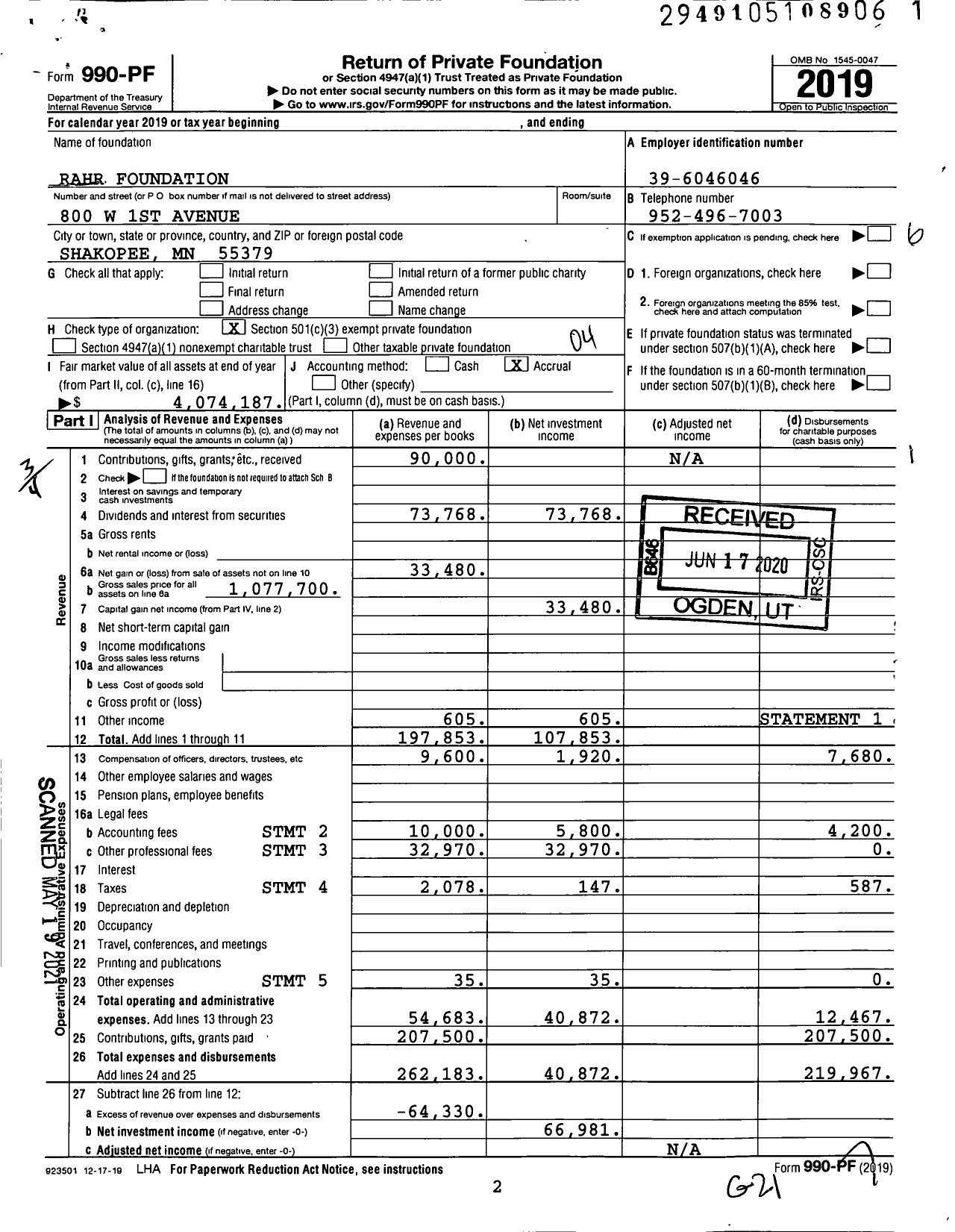 Image of first page of 2019 Form 990PF for Rahr Foundation