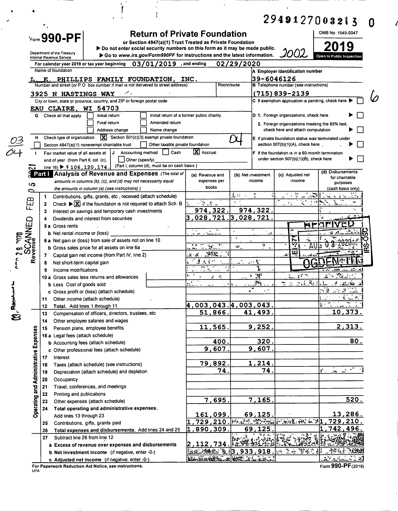 Image of first page of 2019 Form 990PF for L.E. Phillips Family Foundation