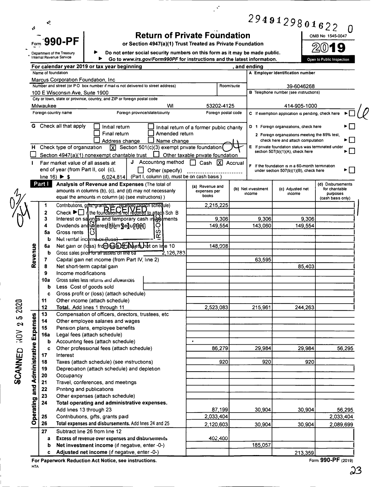 Image of first page of 2019 Form 990PF for Marcus Corporation Foundation