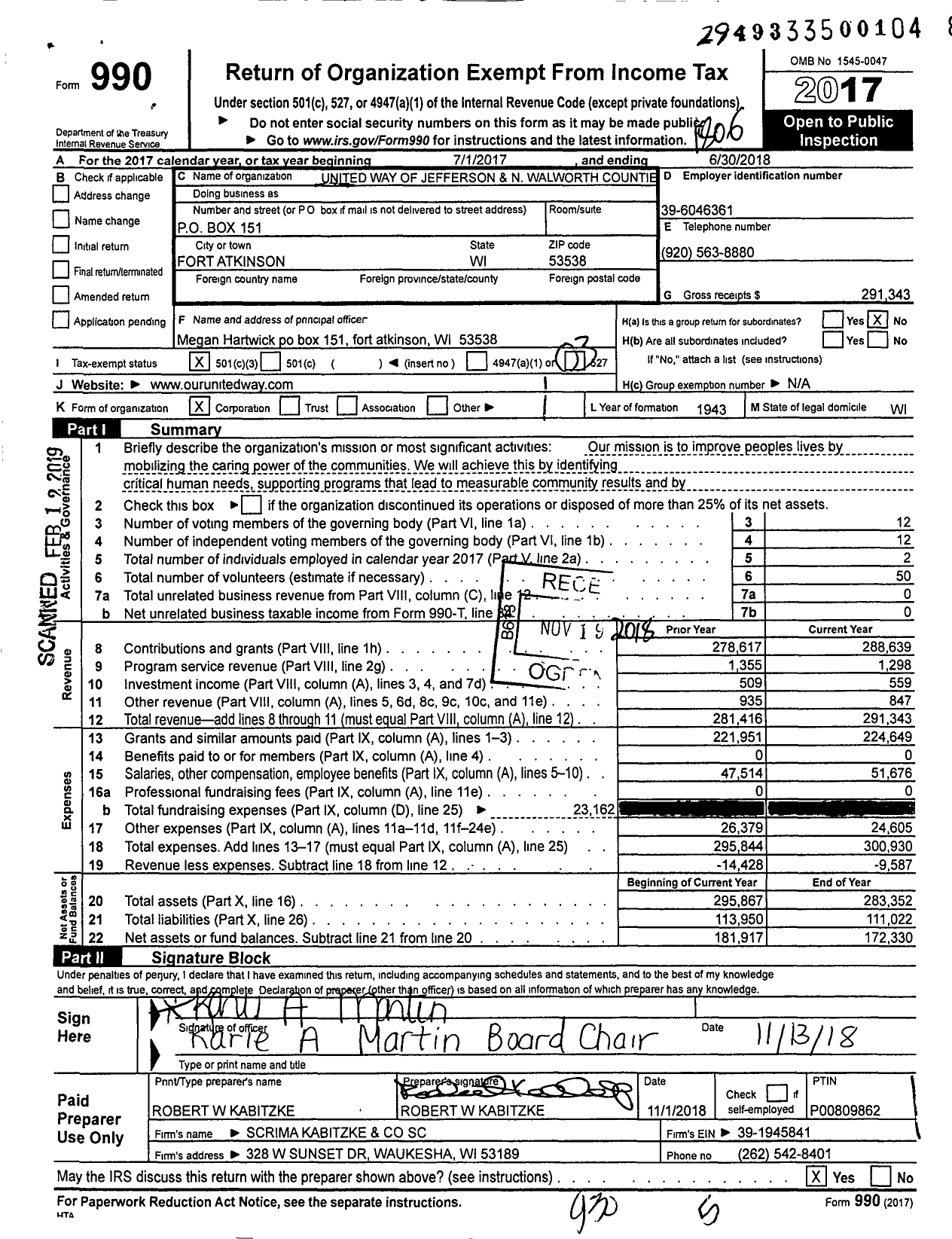 Image of first page of 2017 Form 990 for United Way of Jefferson and N Walworth Counties