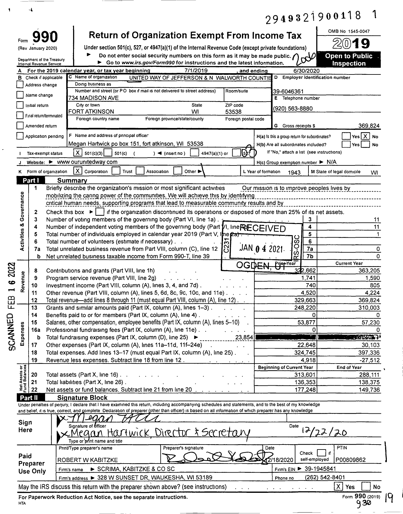 Image of first page of 2019 Form 990 for United Way of Jefferson and N Walworth Counties