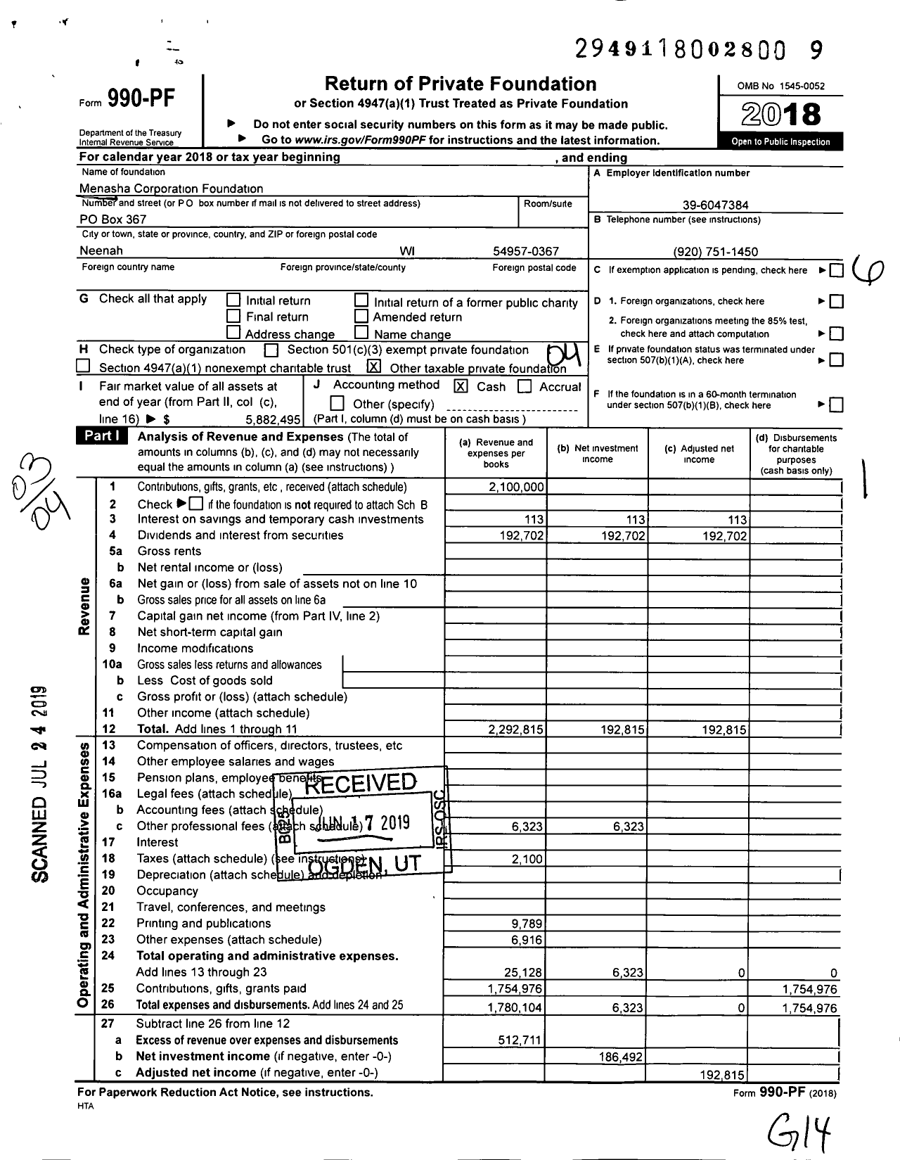 Image of first page of 2018 Form 990PF for Menasha Corporation Foundation
