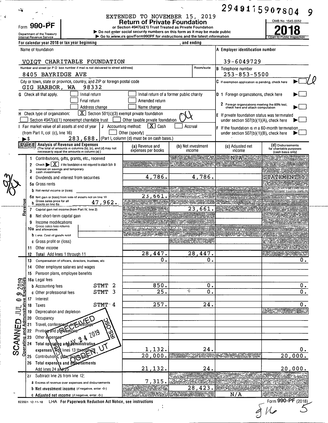 Image of first page of 2018 Form 990PF for Voigt Charitable Foundation