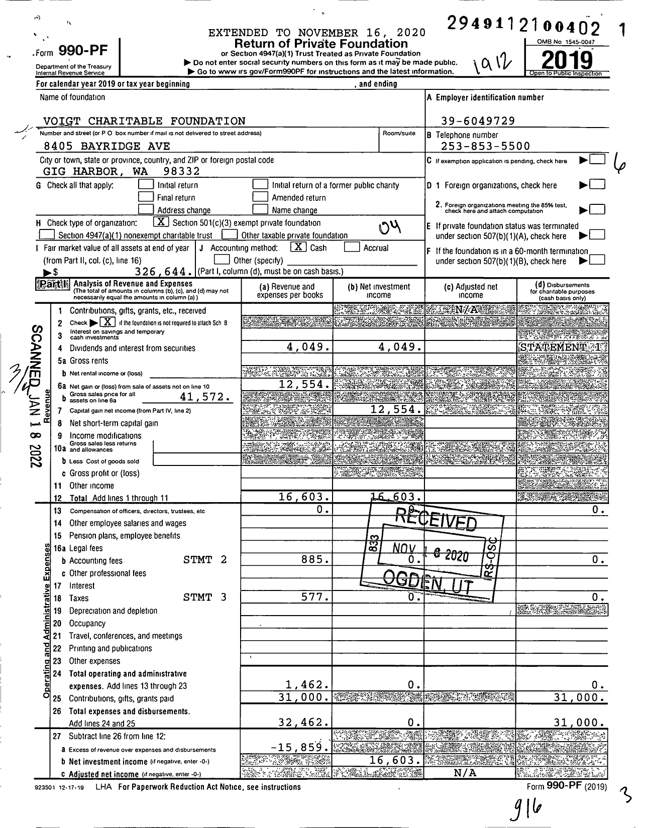 Image of first page of 2019 Form 990PF for Voigt Charitable Foundation