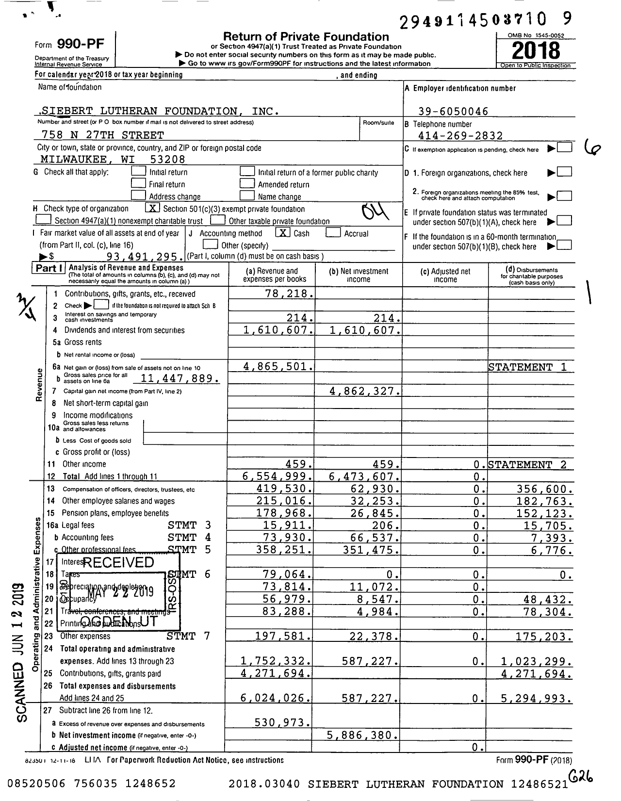Image of first page of 2018 Form 990PF for Siebert Lutheran Foundation