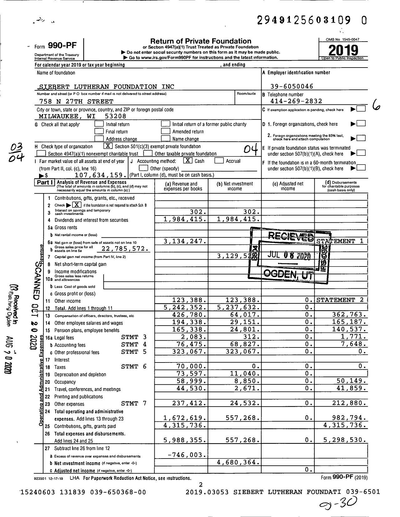 Image of first page of 2019 Form 990PR for Siebert Lutheran Foundation