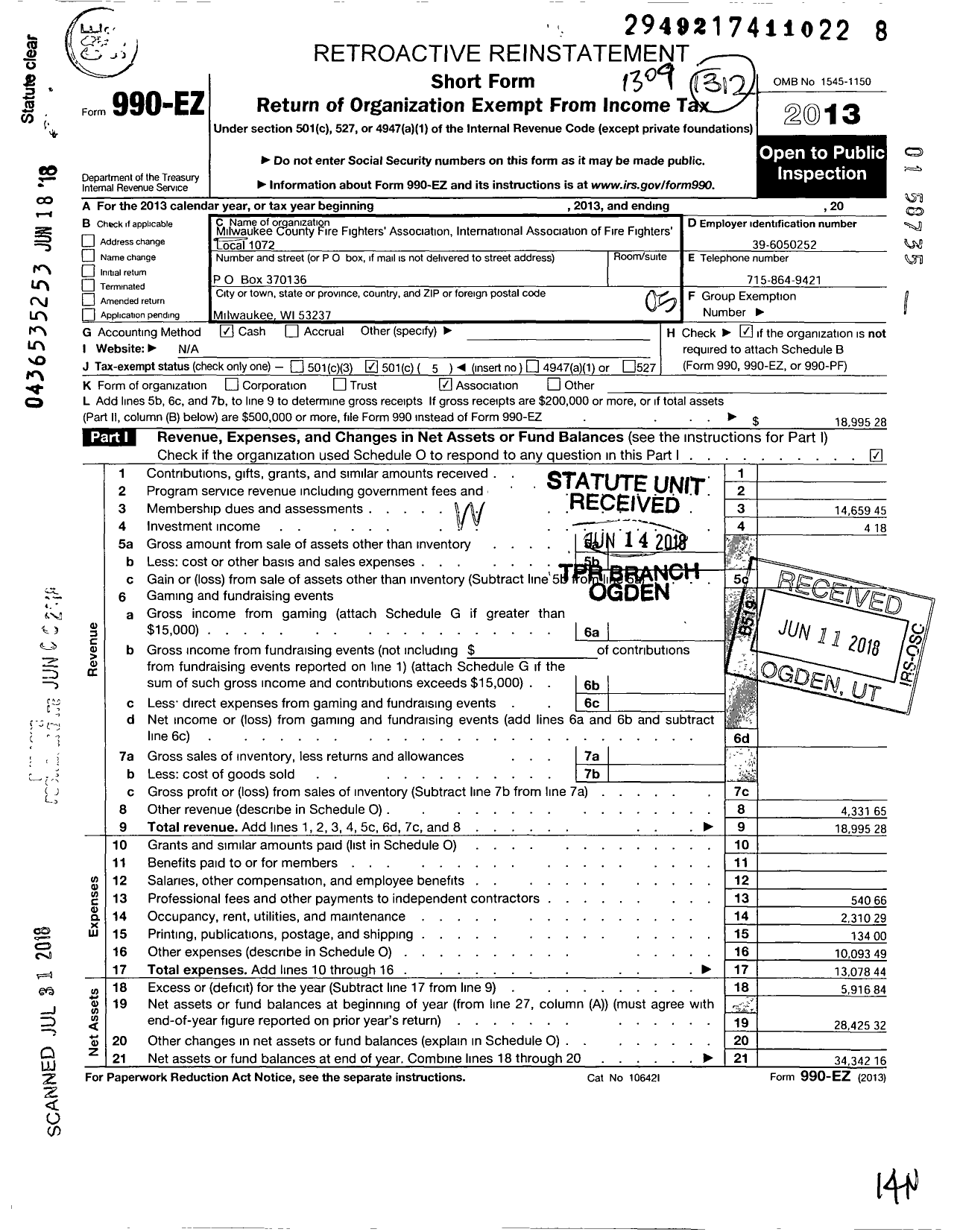 Image of first page of 2012 Form 990EO for Milwaukee County Fire Fighters Association International