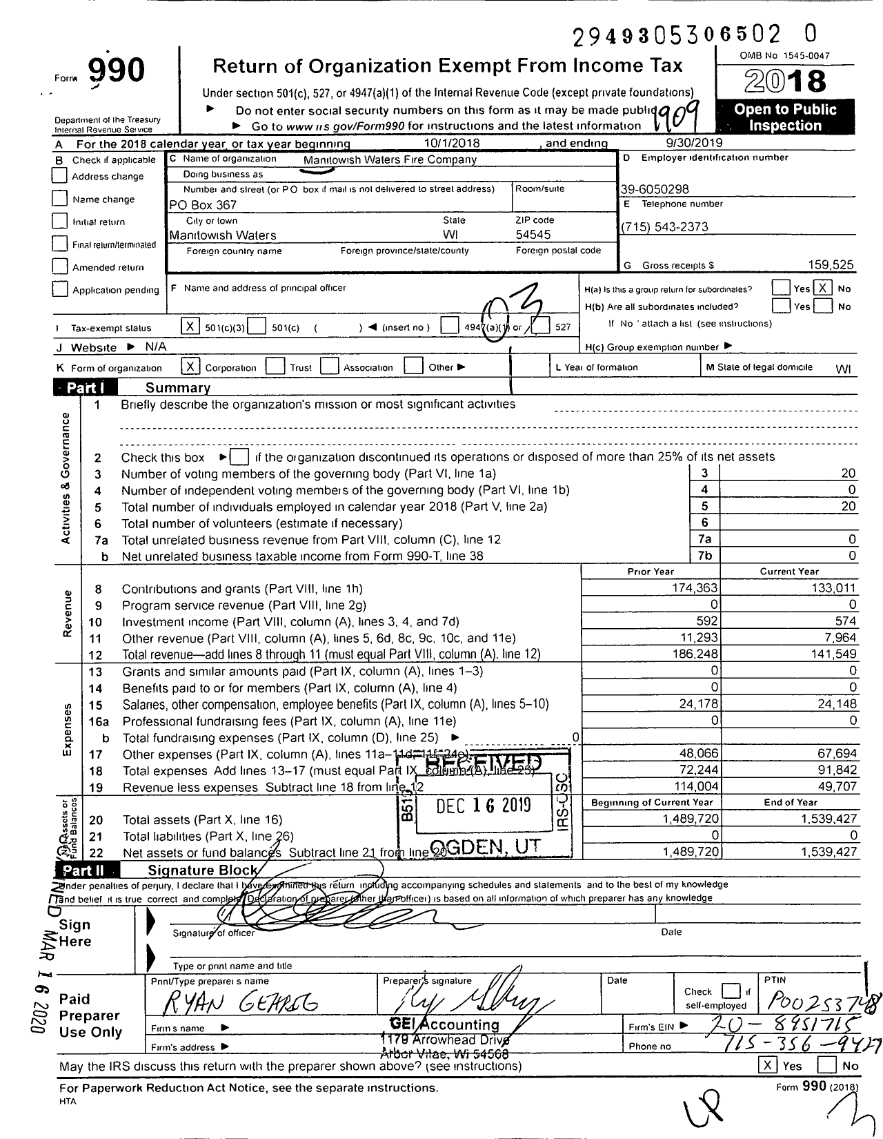 Image of first page of 2018 Form 990 for Manitowish Waters Fire Company